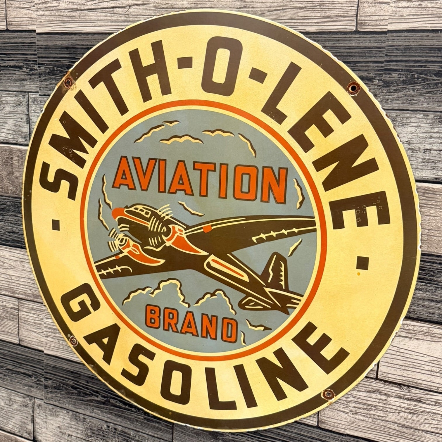Aviation Brand Gasoline 2ft Smith-O-Lene Porcelain Enamel Metal Advertising Sign