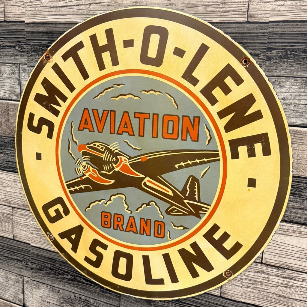 Aviation Brand Gasoline 2ft Smith-O-Lene Porcelain Enamel Metal Advertising Sign