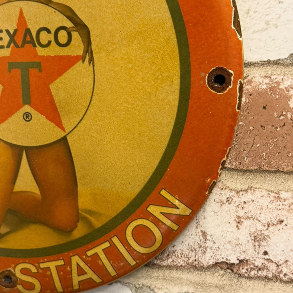 Texaco Filling Station Vintage Pin Up Porcelain Enamel Metal Sign 12-Inch