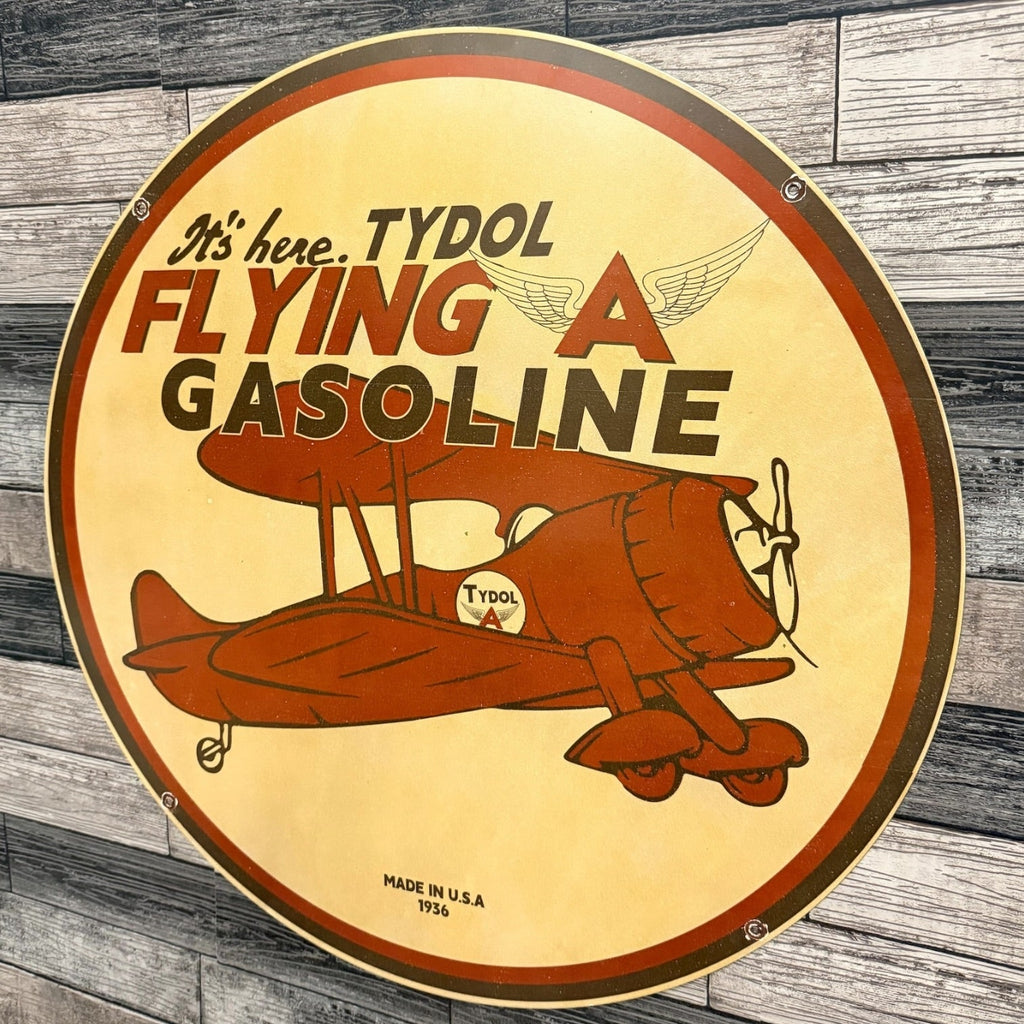 Tydol Flying A Gasoline Aviation 1936 Large Porcelain Enamel Sign 30-Inch