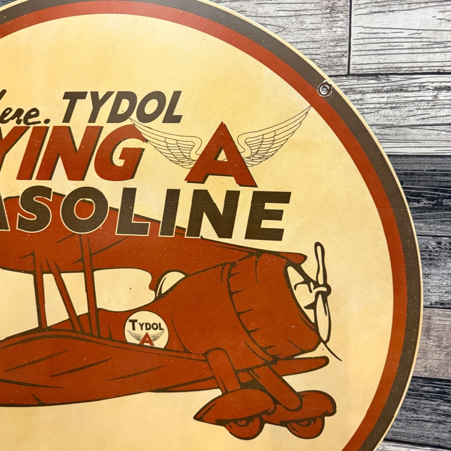 Tydol Flying A Gasoline Aviation 1936 Large Porcelain Enamel Sign 30-Inch