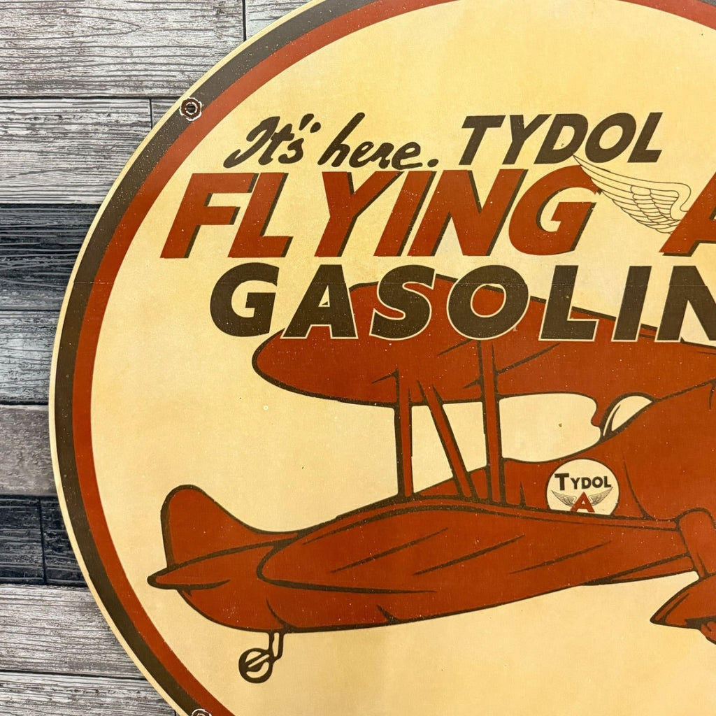 Tydol Flying A Gasoline Aviation 1936 Large Porcelain Enamel Sign 30-Inch