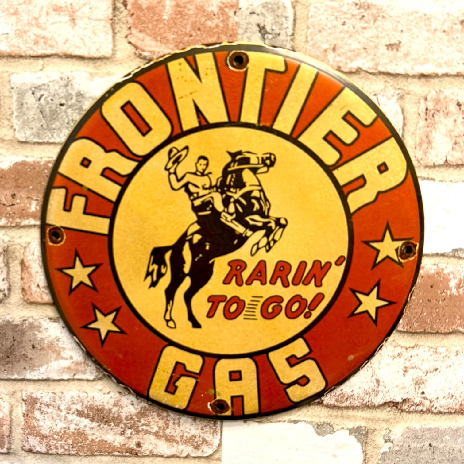 Frontier Gasoline Rarin' To Go Vintage Porcelain Enamel Metal Sign 12-Inch