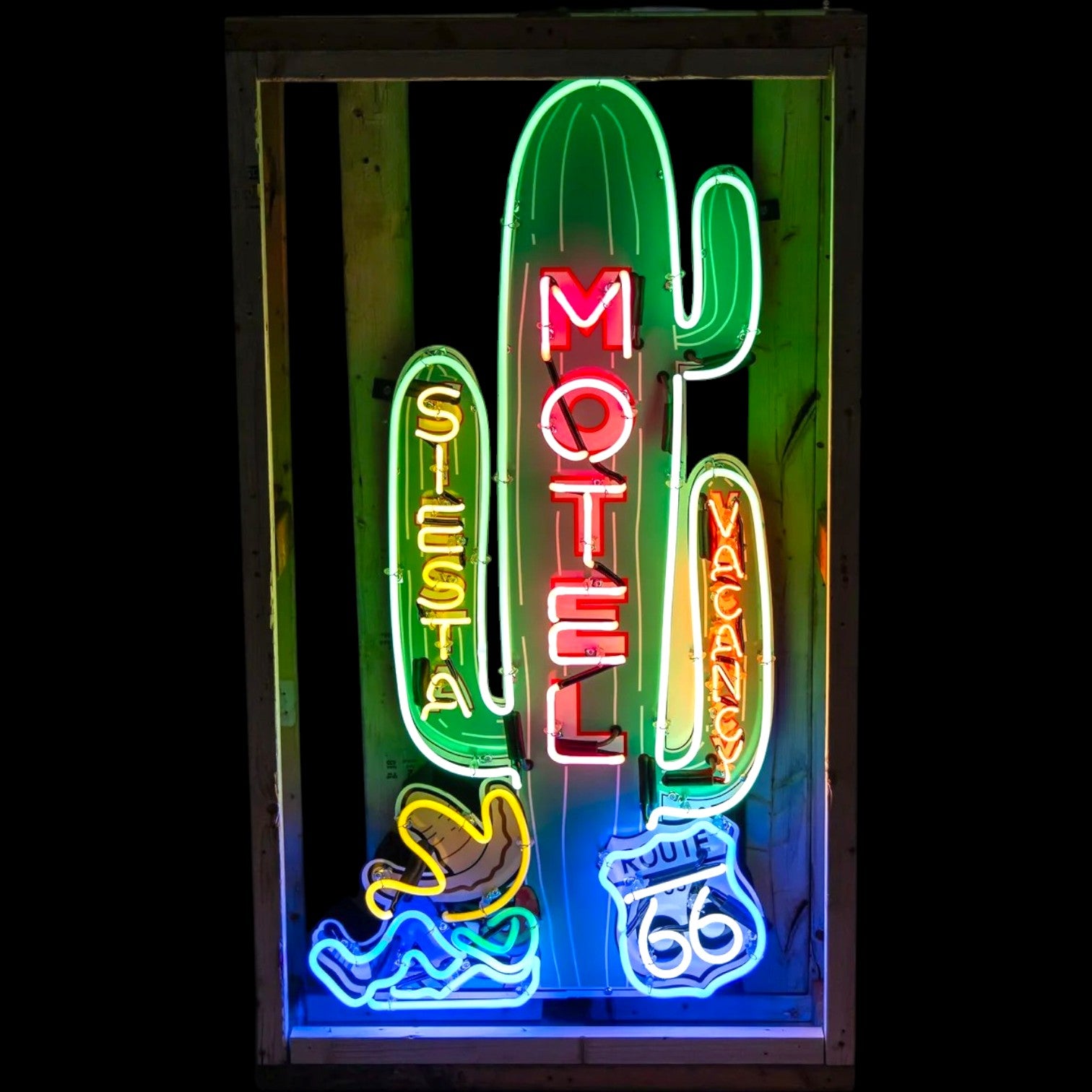 Route 66 Cactus Siesta Motel Neon Sign – Real Glass, Porcelain, Steel Can