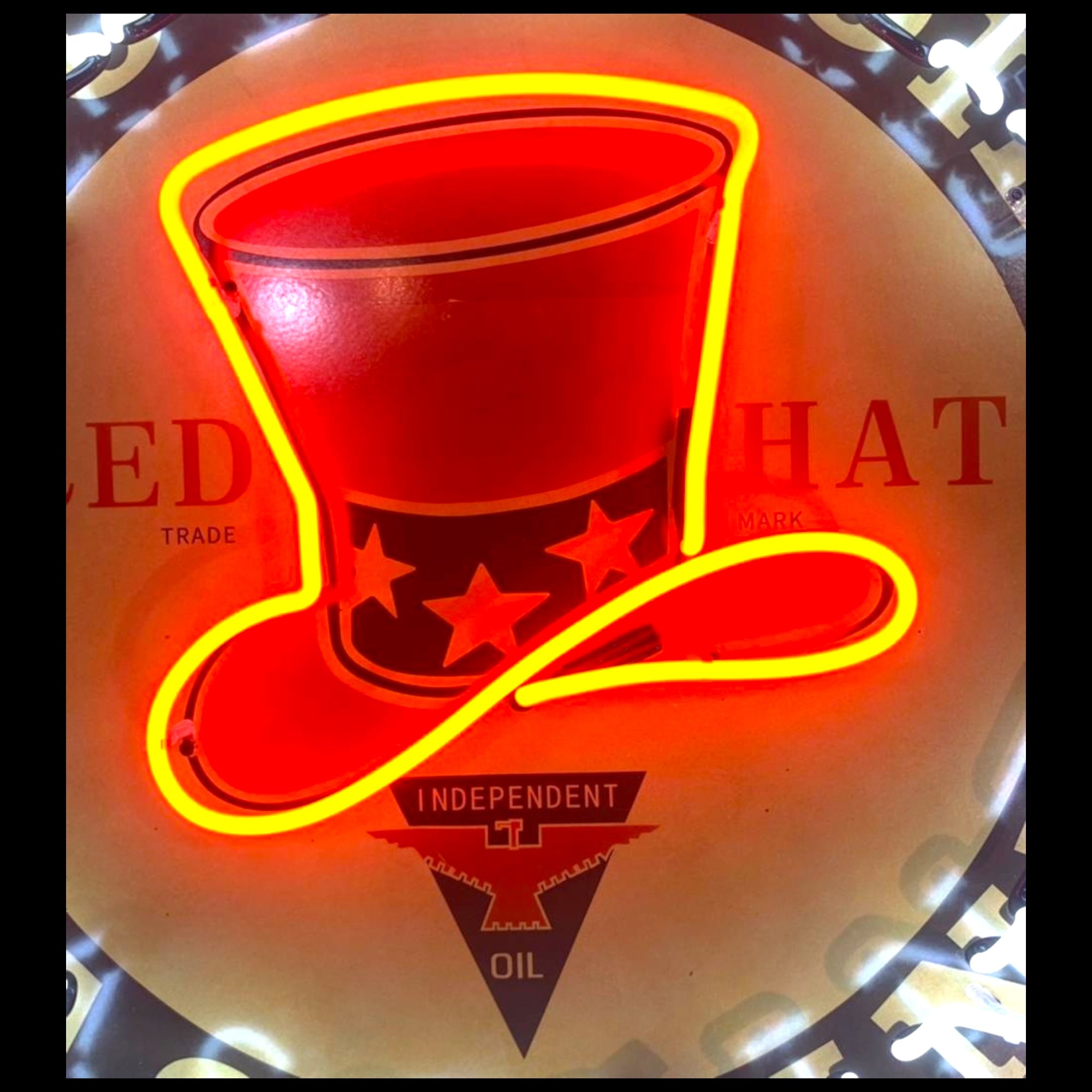 Red Hat Independent Motor Oil Neon Porcelain Enamel Sign