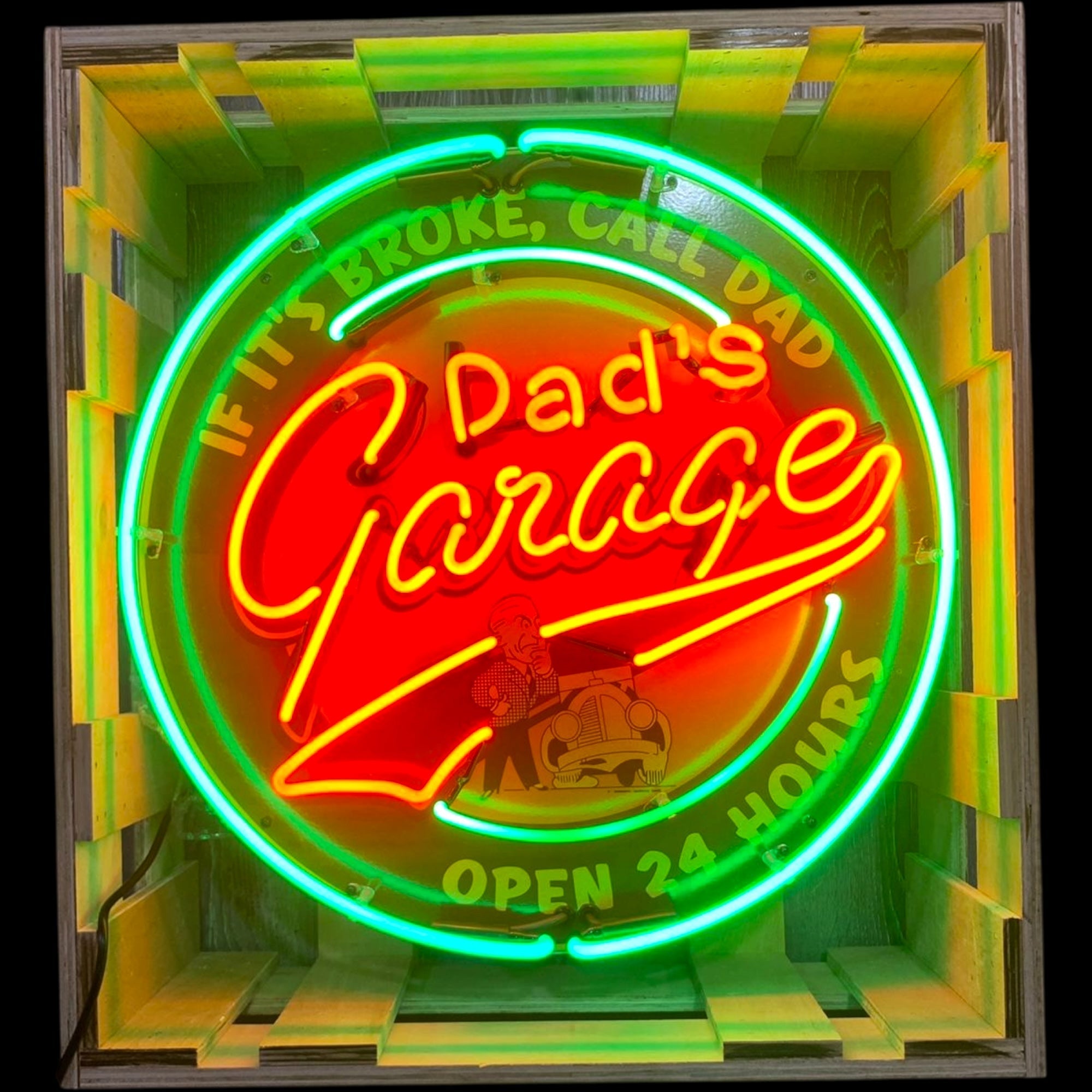 Dad's Garage Open 24 Hours Single-Sided Neon Porcelain Box Sign