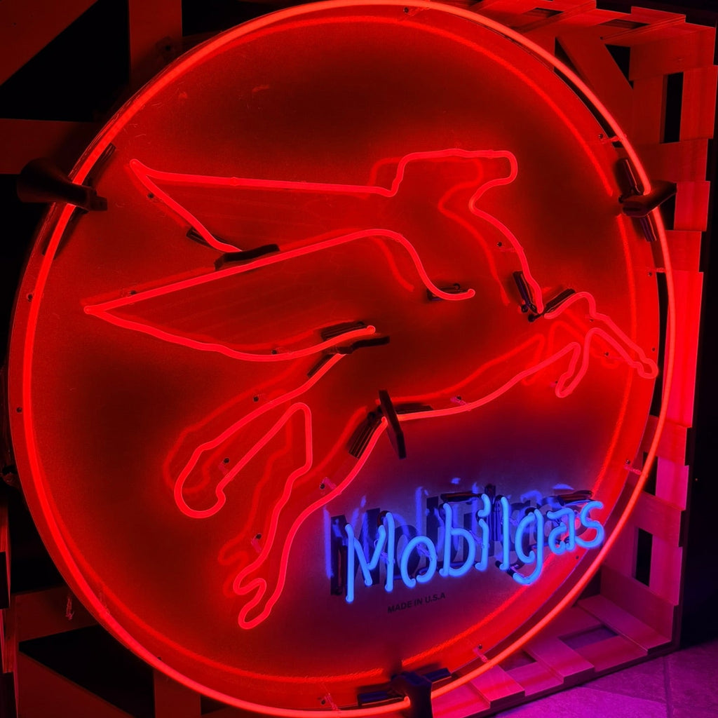 Large Mobilgas Round Neon Porcelain - Vintage Pegasus Red Flying Horse - Glass Wall Light with Steel Can Gas Advertisement