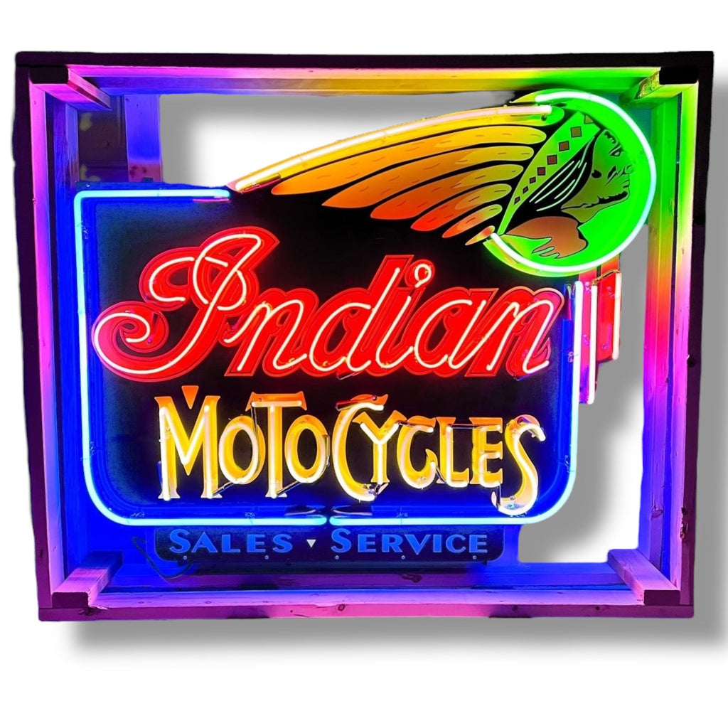 Indian Motocycles Sales & Service Neon Porcelain Dealership Sign with Can