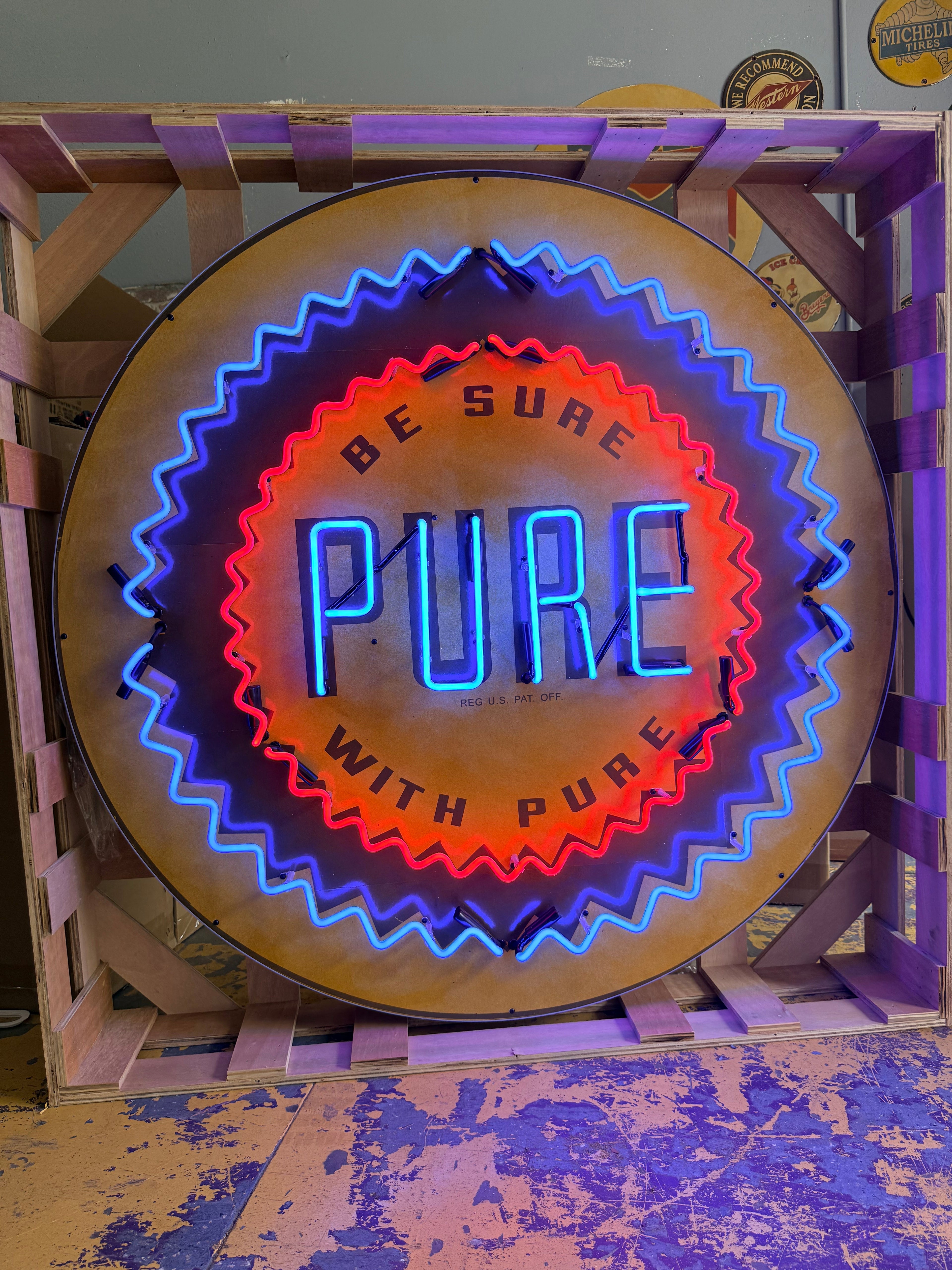Be Sure With Pure Oil Company Single-Sided Neon Porcelain Box Sign