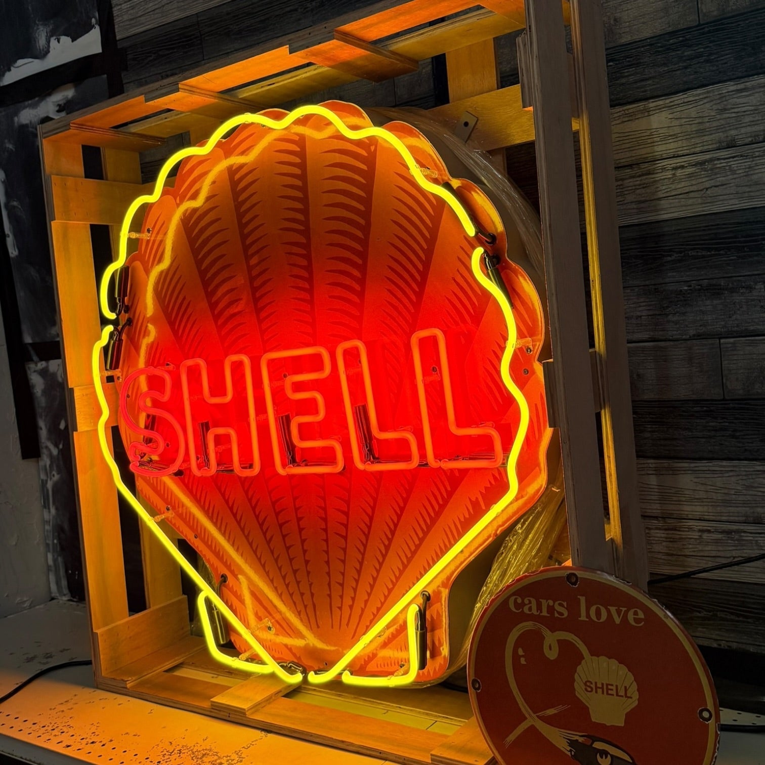 Shell Gasoline Scallop Neon Porcelain Die Cut Sign with Can
