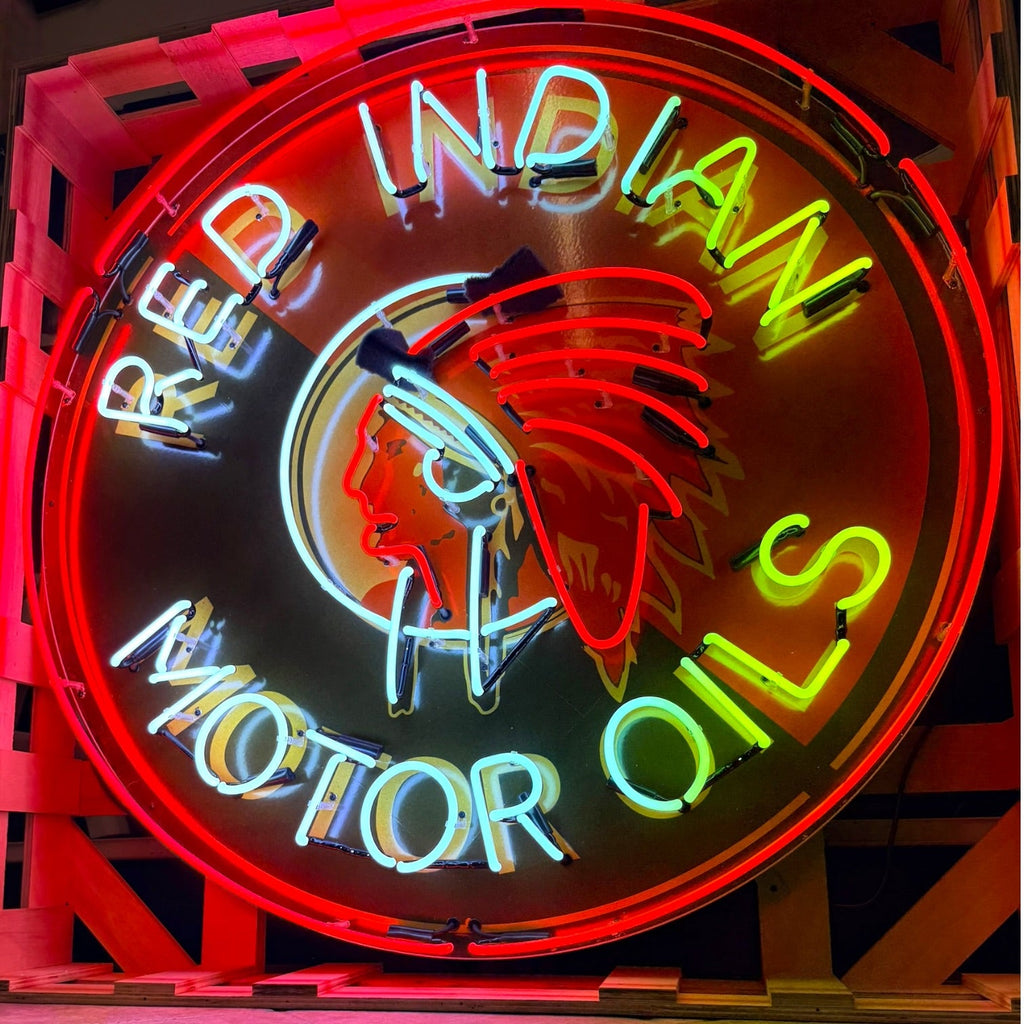 Red Indian Motor Oils Single-Sided Neon Porcelain Box Sign