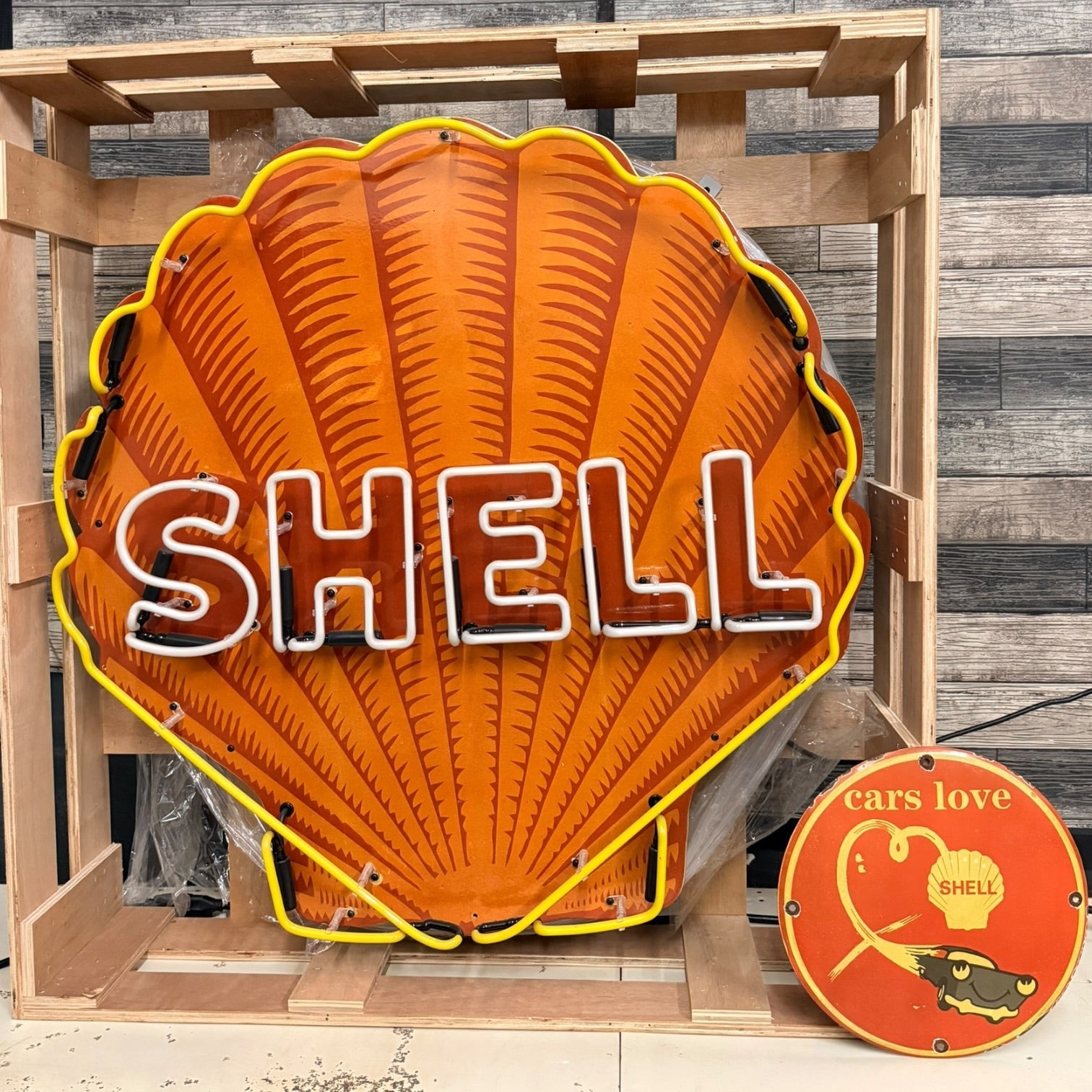 Shell Gasoline Scallop Neon Porcelain Die Cut Sign with Can
