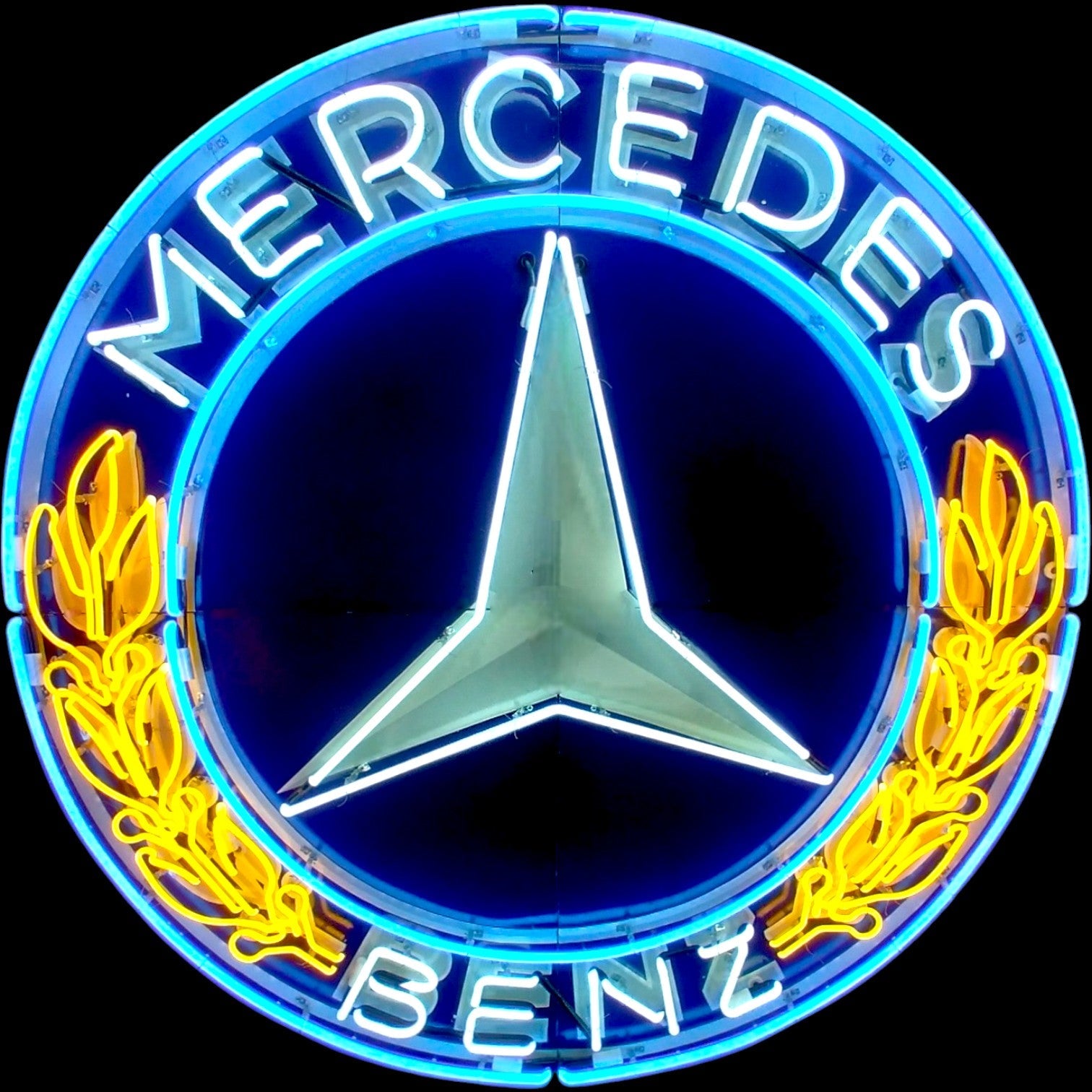 Wreath Emblem Mercedes Glass Neon Porcelain with Steel Can