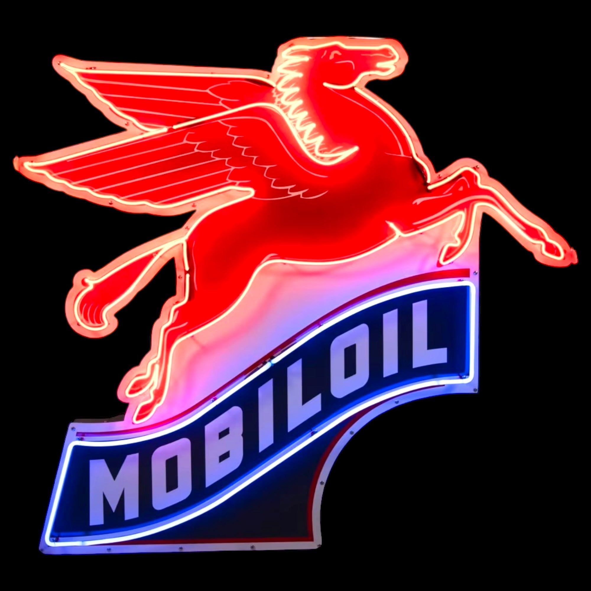 Large Mobiloil Neon Sign - Flying Horse Winged Pegasus, Real Glass, Porcelain, Right-Facing, Die Cut Steel Can - Vintage Gas Station Advertising Monument