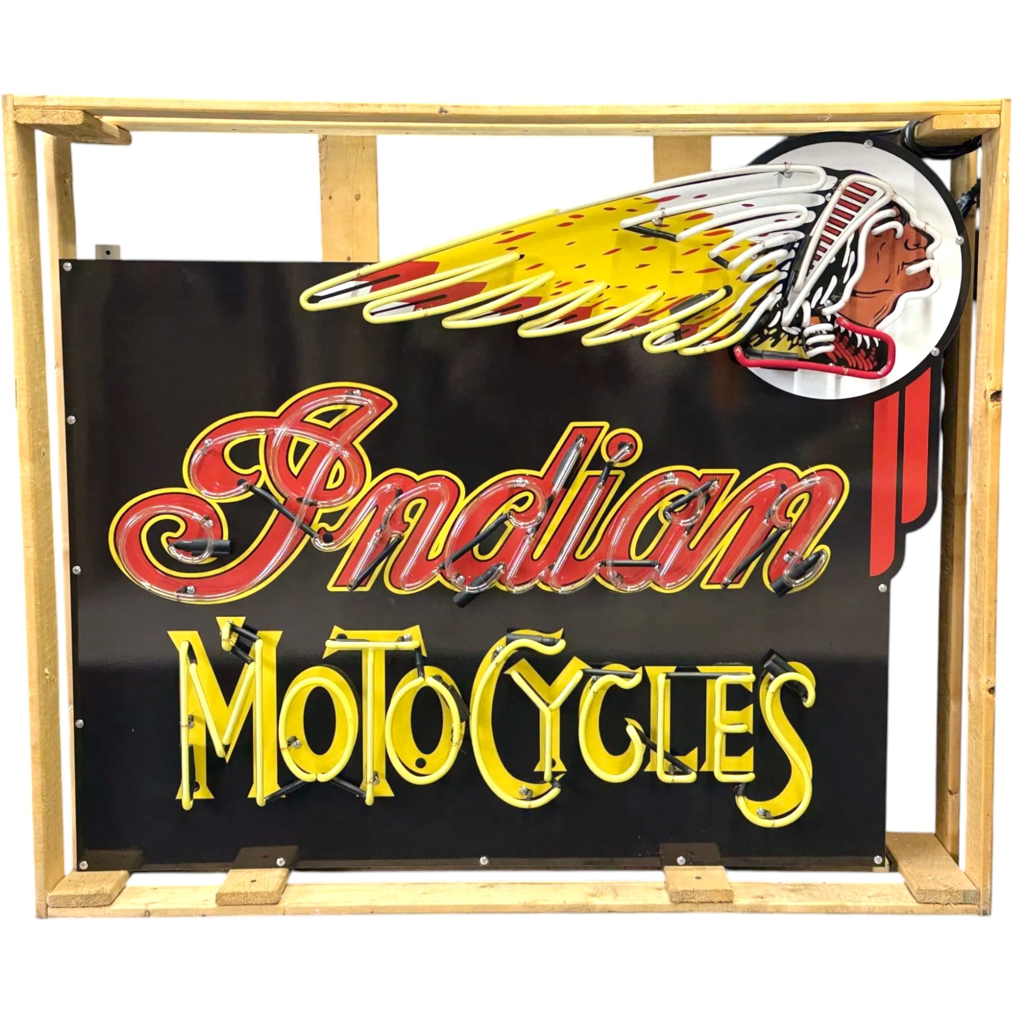 Indian Motocycles Iconic Headdress Neon Porcelain Die Cut Dealership Sign with Can