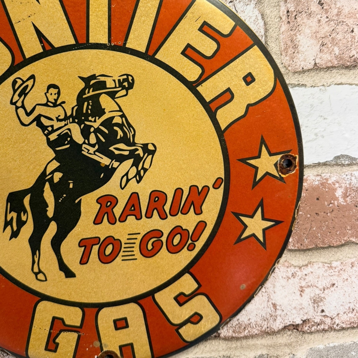 Frontier Gasoline Rarin' To Go Vintage Porcelain Enamel Metal Sign 12-Inch
