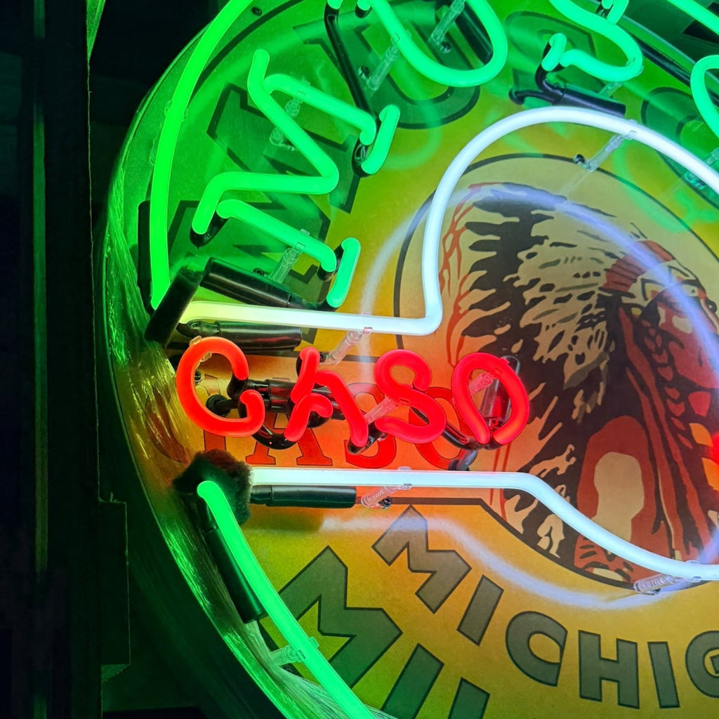 Musgo Gasoline Michigan Mile Maker Single-Sided Neon Porcelain Box Sign