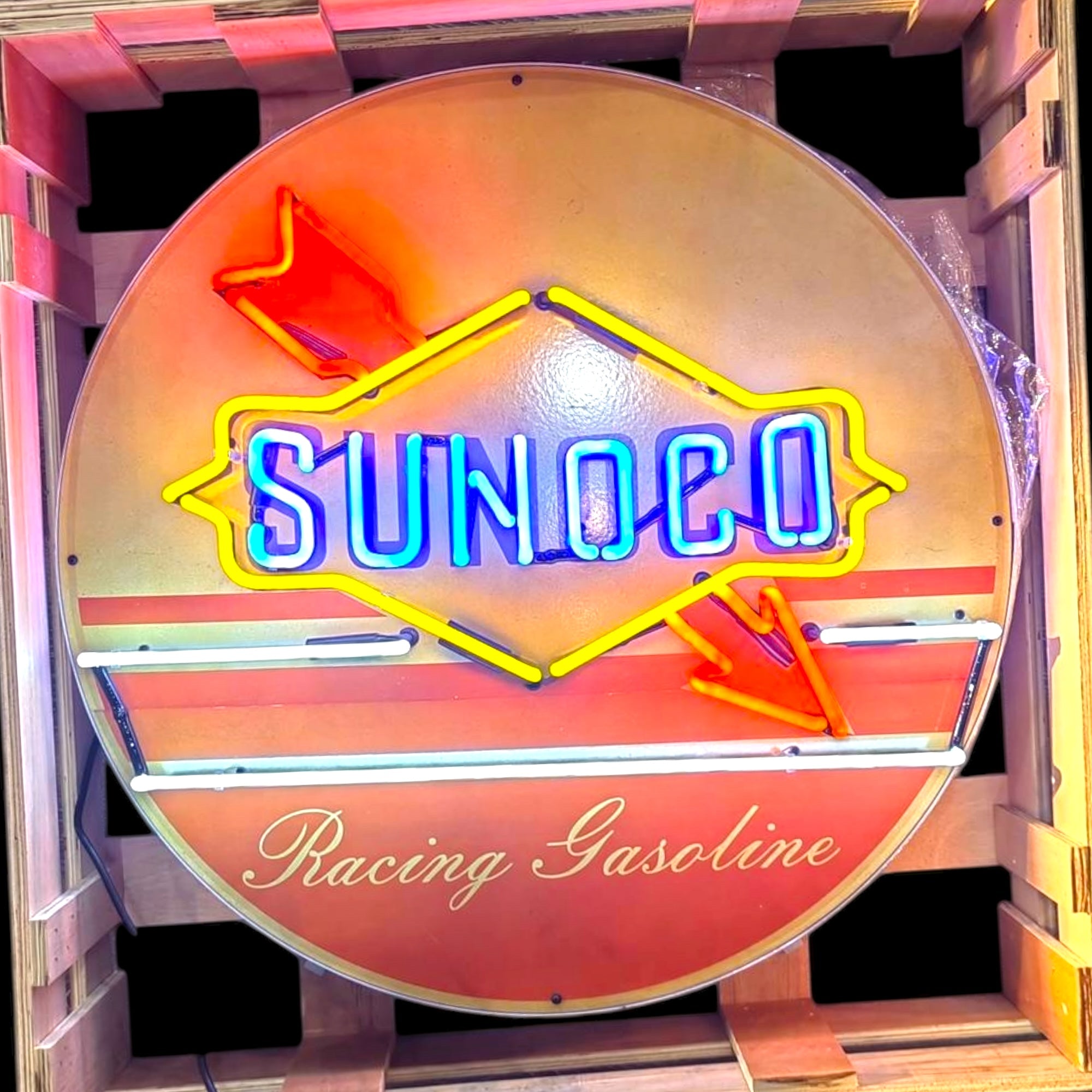 Sunoco Racing Gasoline Glass Neon Porcelain with Arrow and Steel Can