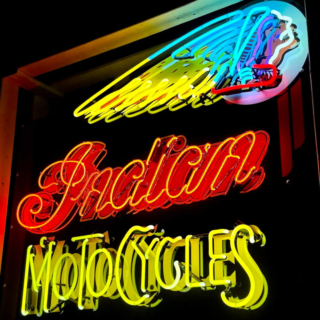 Indian Motocycles Iconic Headdress Neon Porcelain Die Cut Dealership Sign with Can