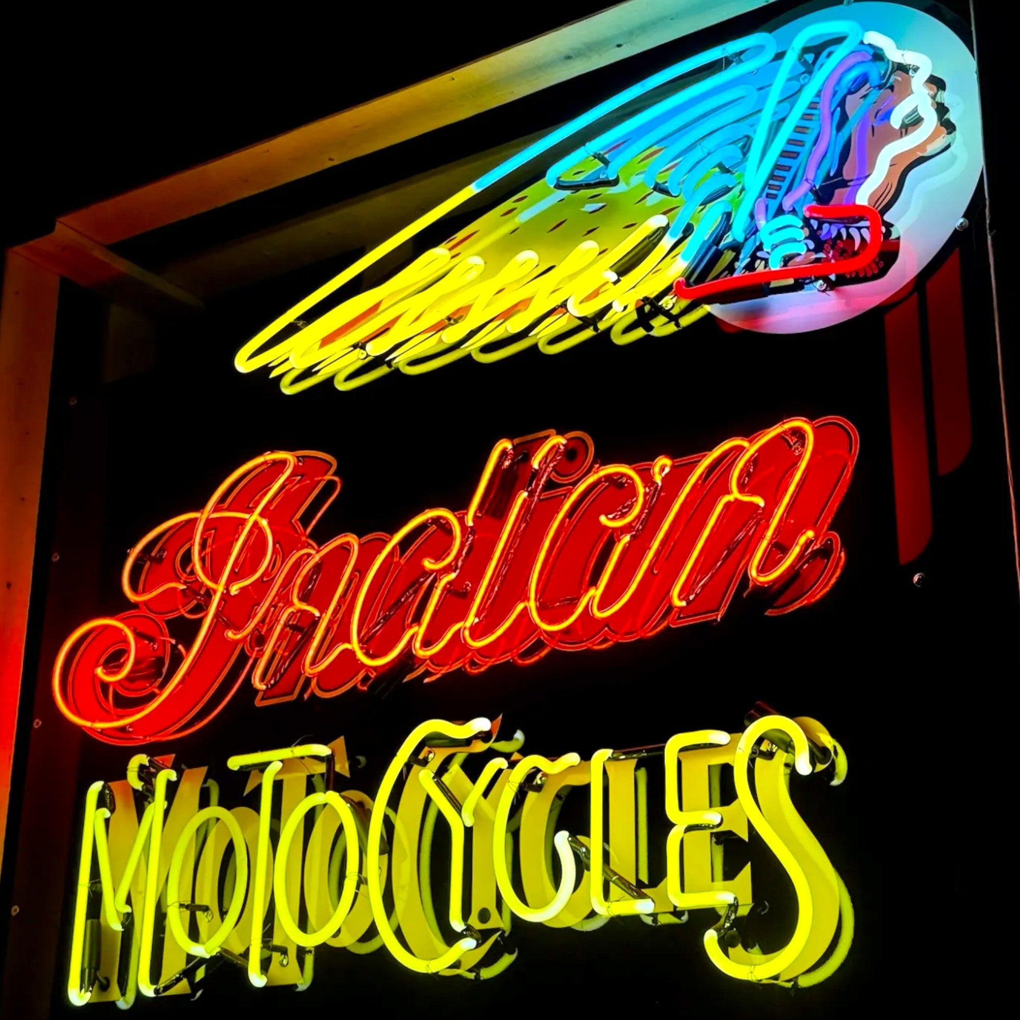 Indian Motocycles Iconic Headdress Neon Porcelain Die Cut Dealership Sign with Can