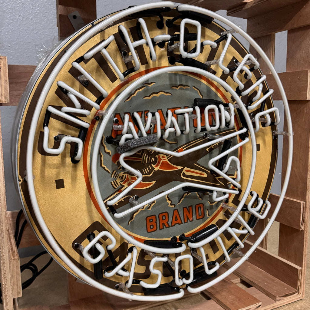 Smith-O-Lene Aviation Gasoline Neon Porcelain Sign with Can