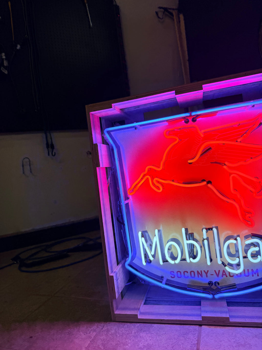 Mobilgas Pegasus Die Cut Shield Neon Porcelain Sign — Socony-Vacuum | Real Hand-Blown Glass & Porcelain