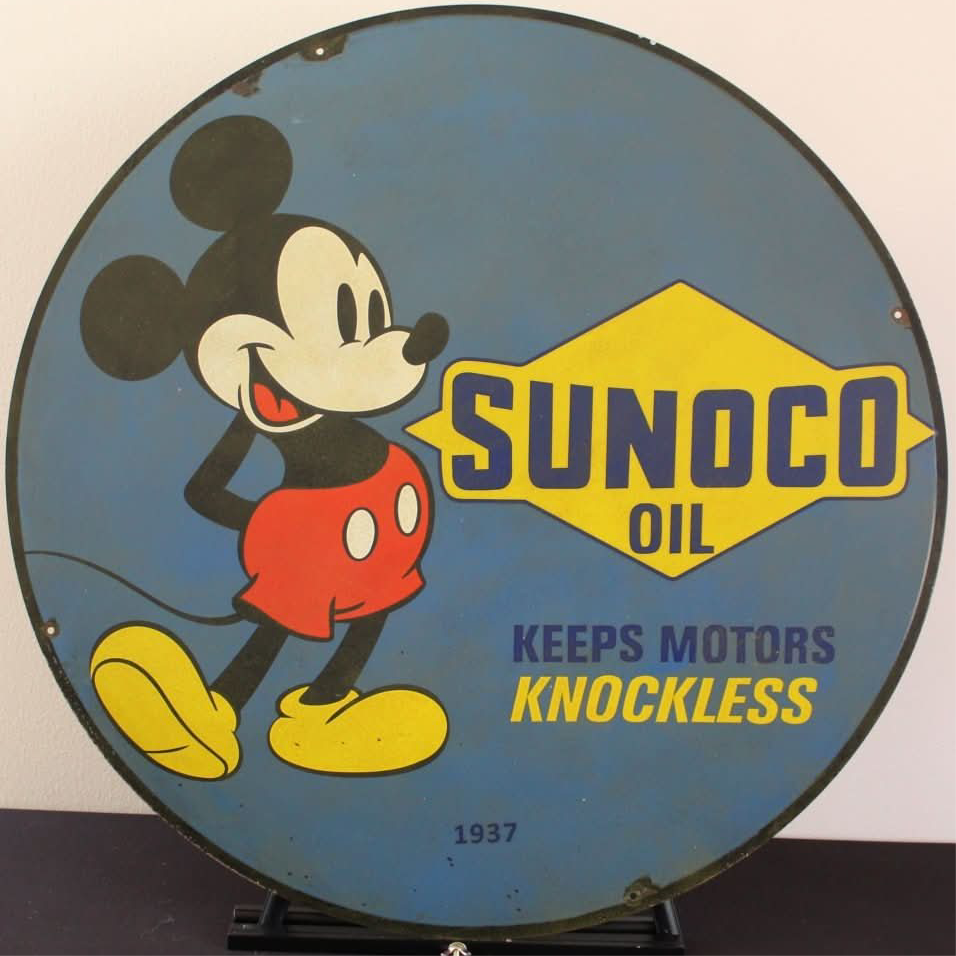 Sunoco Oil with Mickey Mouse Keep Motors Knockless Porcelain Enamel Sign