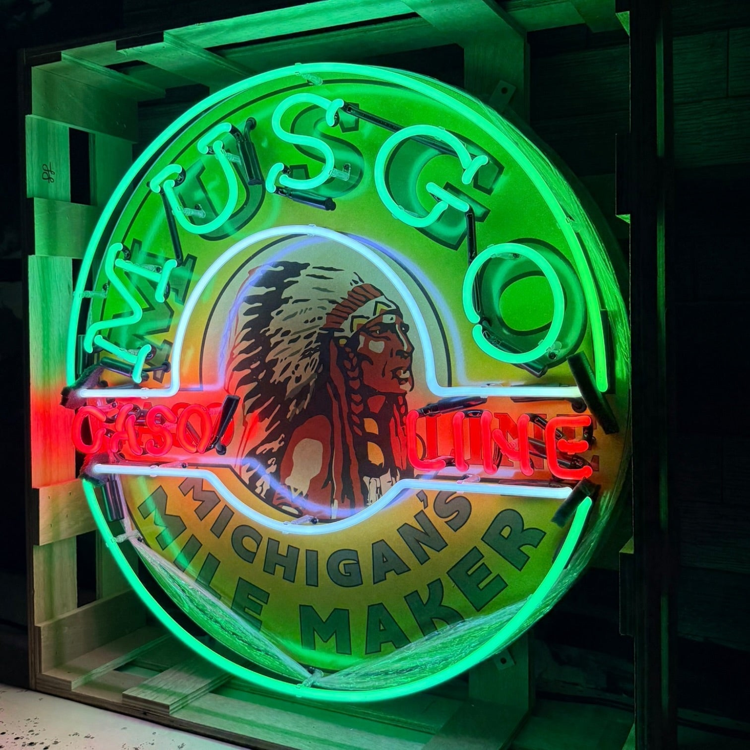Musgo Gasoline Michigan Mile Maker Single-Sided Neon Porcelain Box Sign