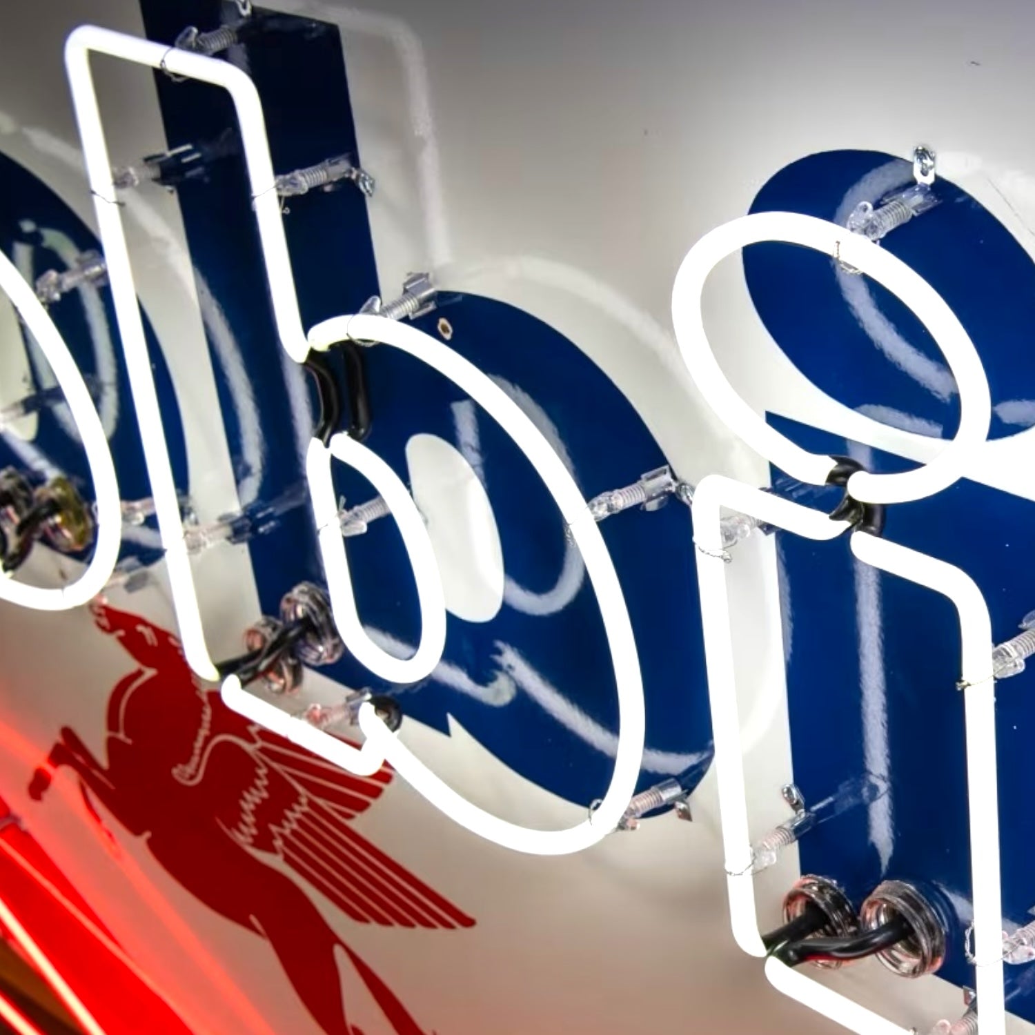 Mobil Real Neon Sign - Glass, Porcelain, Die Cut Chevron Can - Vintage Gas Station Lights Shield
