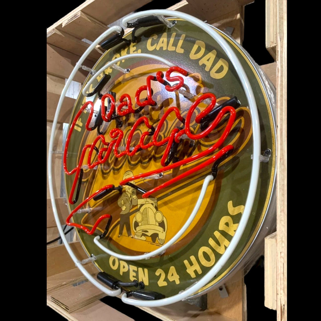Dad's Garage Open 24 Hours Single-Sided Neon Porcelain Box Sign
