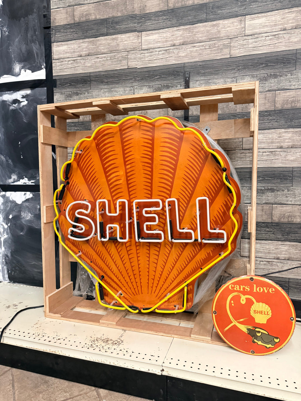 Shell Gasoline Scallop Neon Porcelain Die Cut Sign with Can