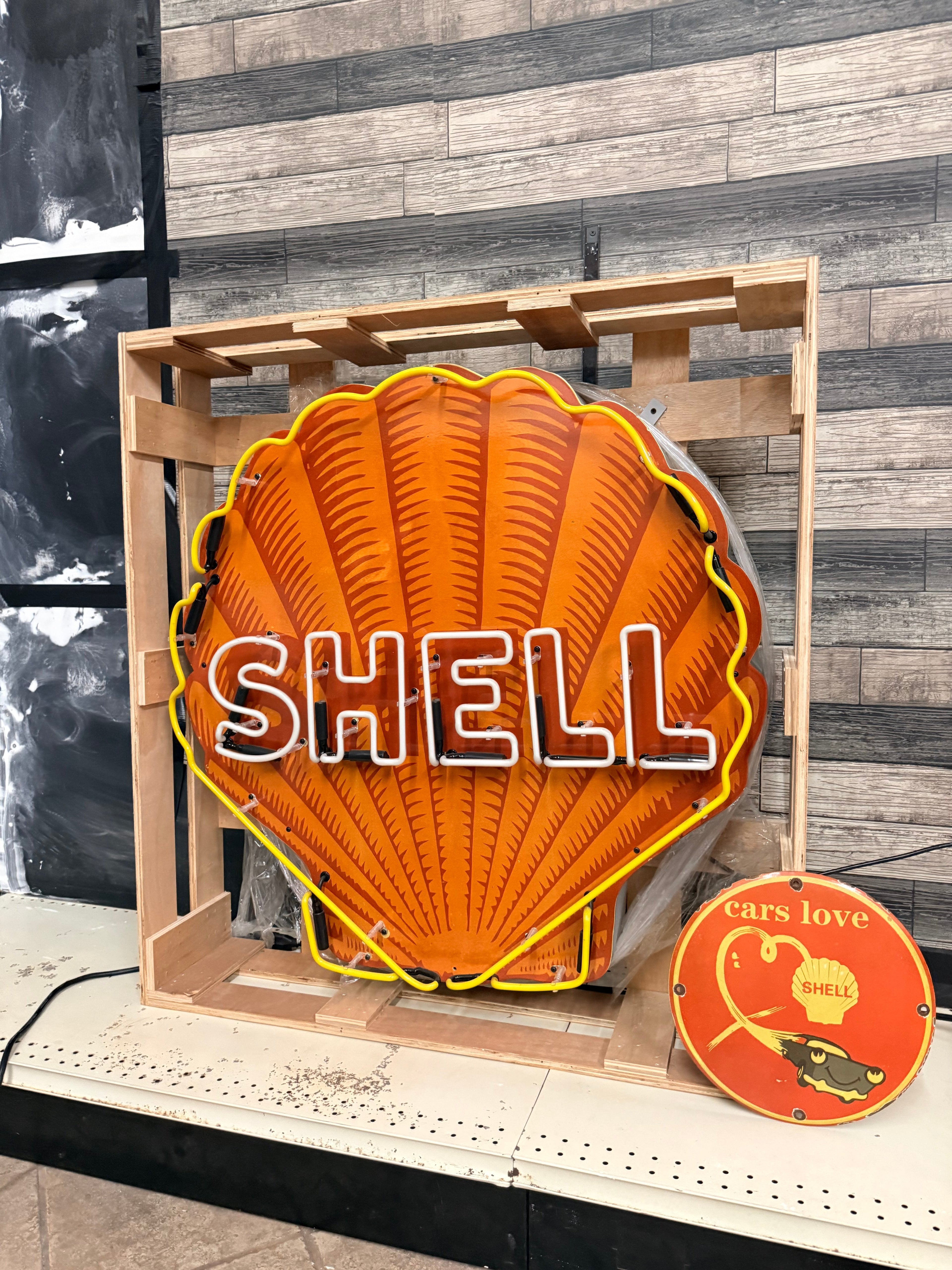 Shell Gasoline Scallop Neon Porcelain Die Cut Sign with Can