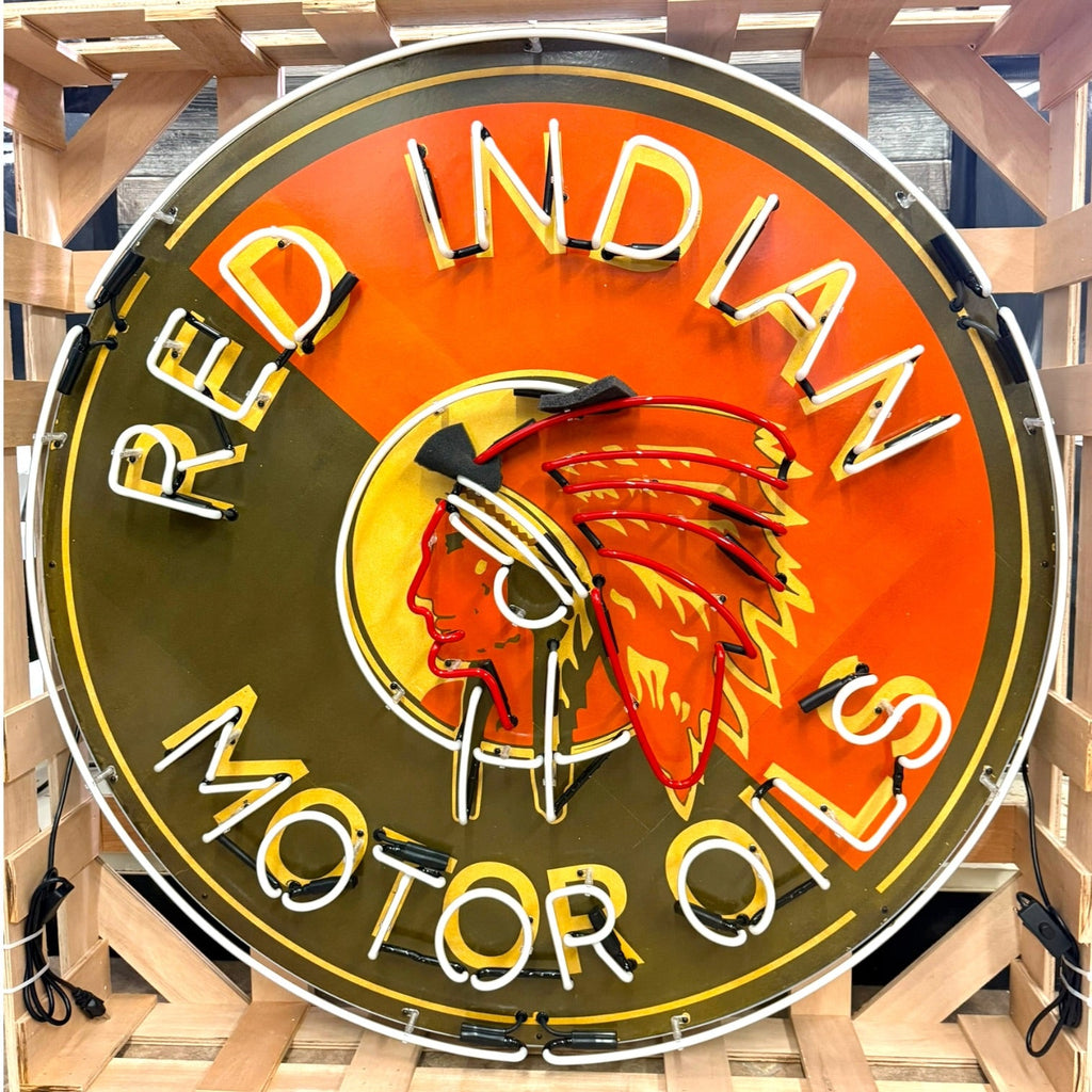 Red Indian Motor Oils Single-Sided Neon Porcelain Box Sign