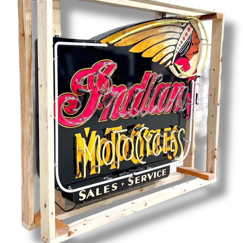 Indian Motocycles Sales & Service Neon Porcelain Dealership Sign with Can