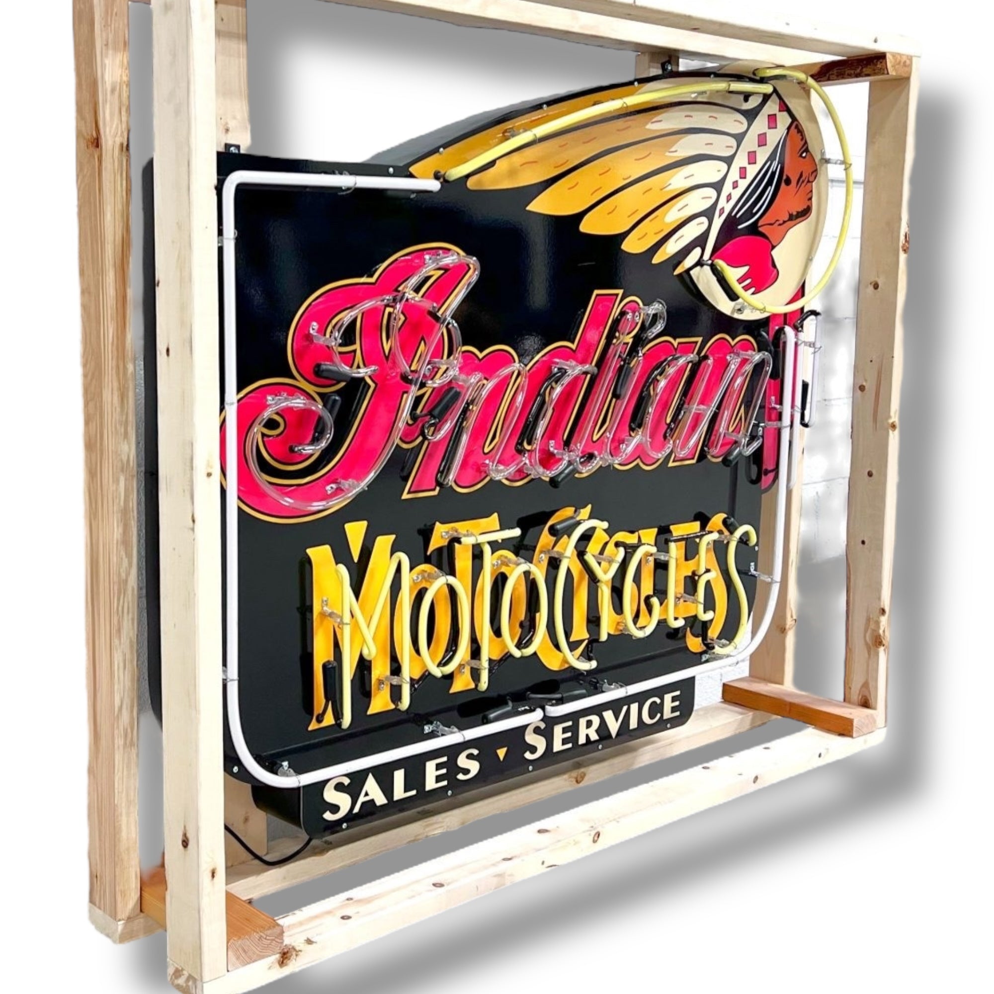 Indian Motocycles Sales & Service Neon Porcelain Dealership Sign with Can