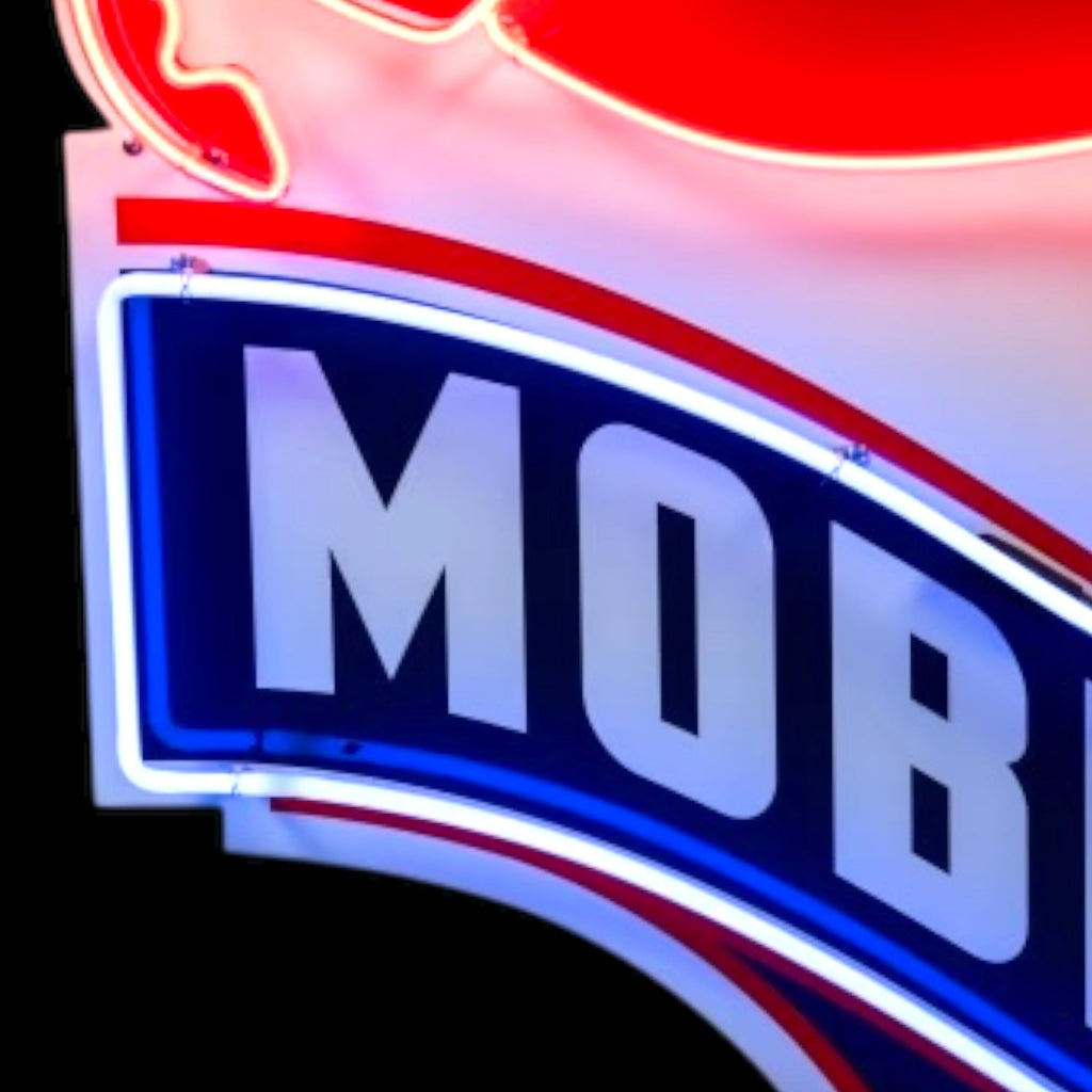 Large Mobilgas Pegasus Neon Sign - Real Glass, Porcelain, Left-Facing, Die Cut Steel Can - Vintage Light Up Gas Station Advertising