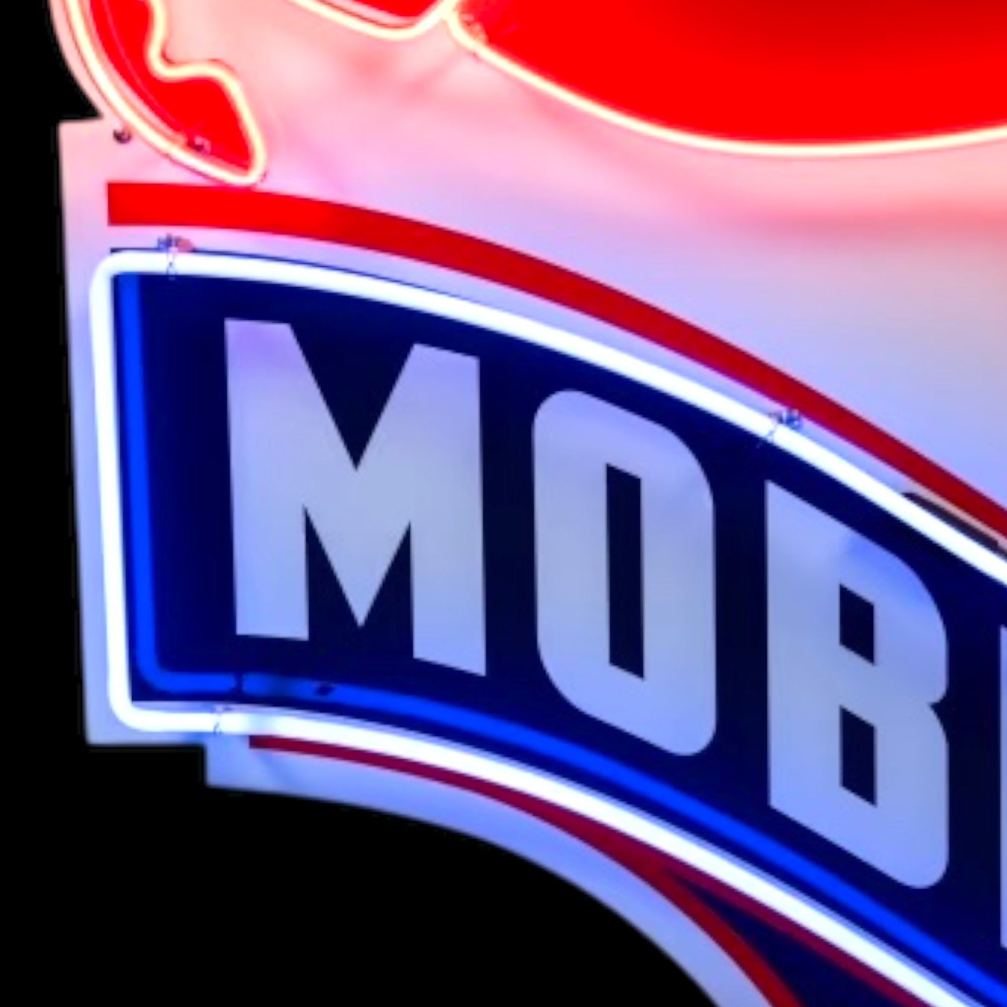Large Mobilgas Pegasus Neon Sign - Real Glass, Porcelain, Left-Facing, Die Cut Steel Can - Vintage Light Up Gas Station Advertising