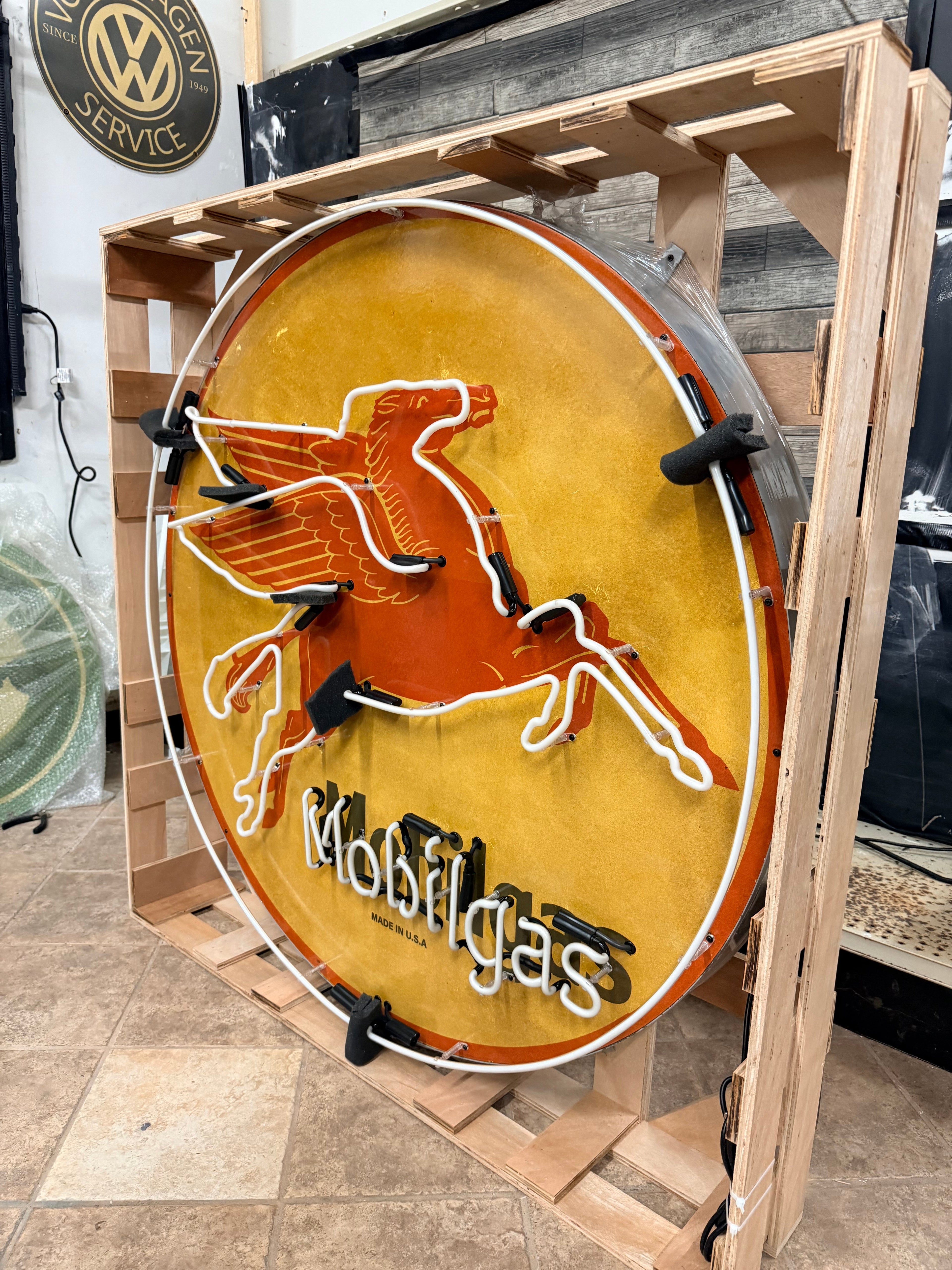 Large Mobilgas Round Neon Porcelain - Vintage Pegasus Red Flying Horse - Glass Wall Light with Steel Can Gas Advertisement