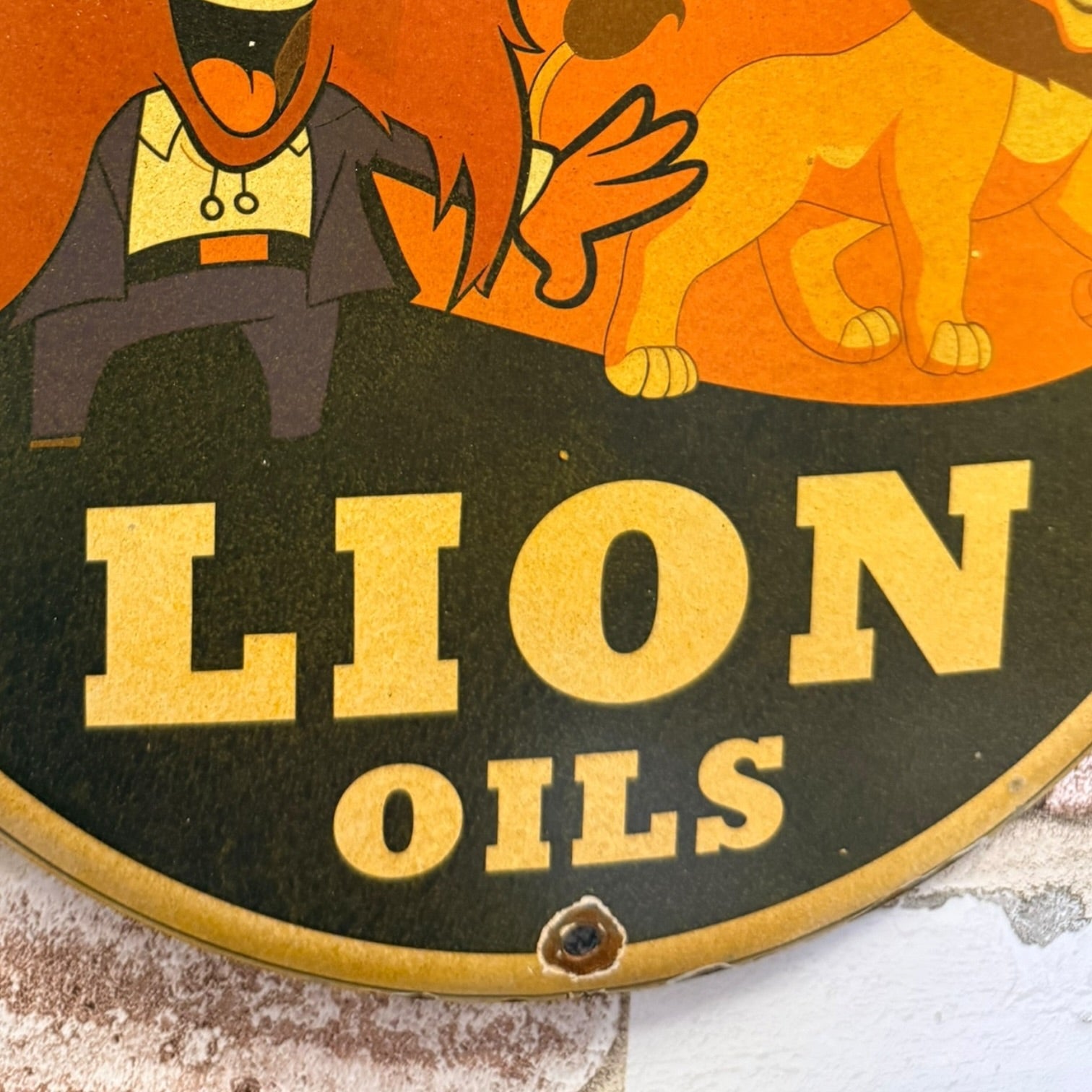 Lion Oils 1954 Authentic Porcelain Sign with Yosemite Sam & Vintage Cartoon Lion