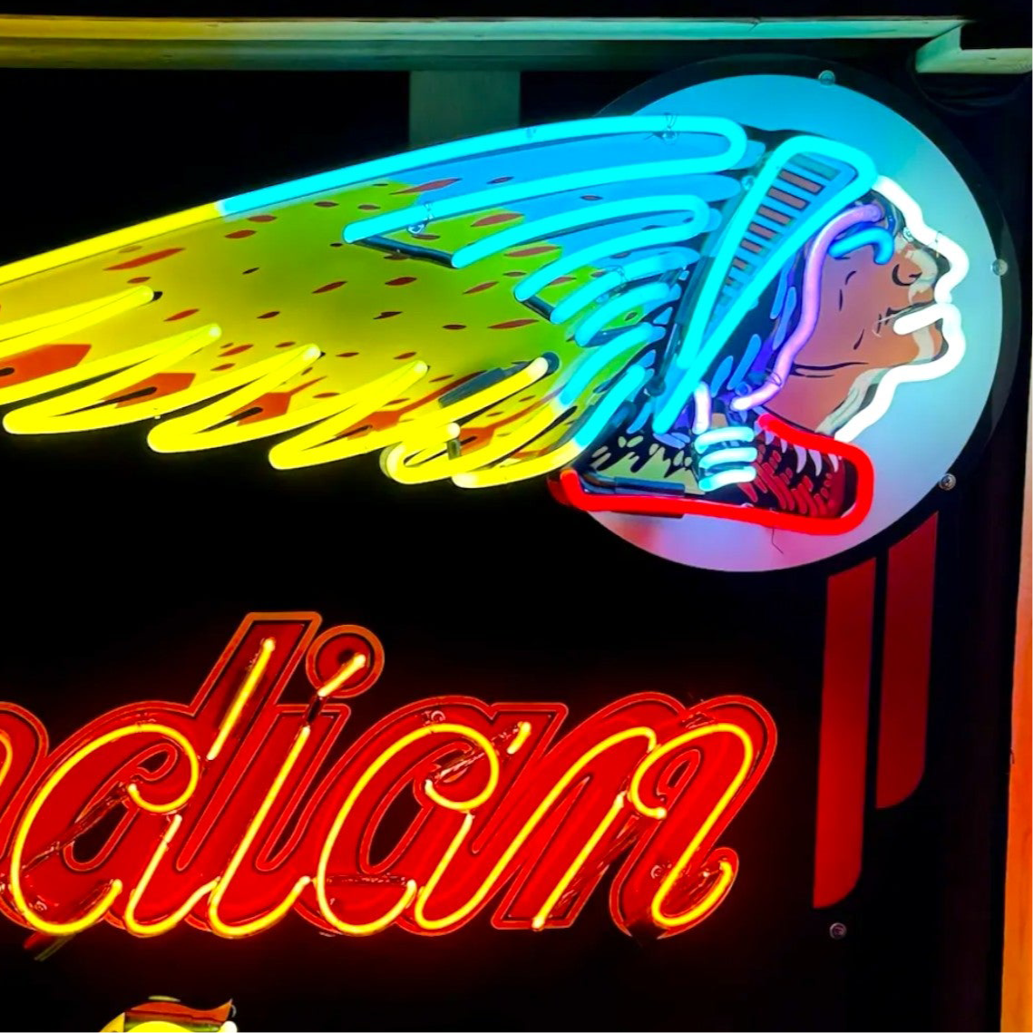 Indian Motocycles Iconic Headdress Neon Porcelain Die Cut Dealership Sign with Can