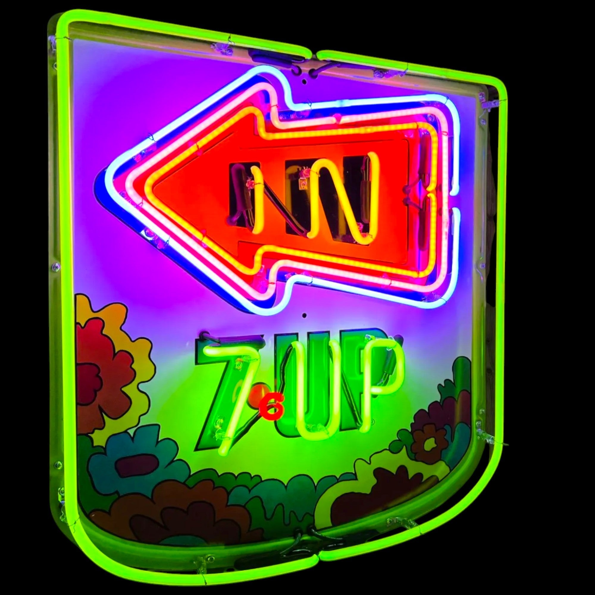 2pc Set 7UP Uncola “In & Out” Neon Porcelain Cans with Arrow Vintage Exit Signs