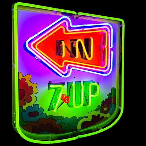 2pc Set 7UP Uncola “In & Out” Neon Porcelain Cans with Arrow Vintage Exit Signs