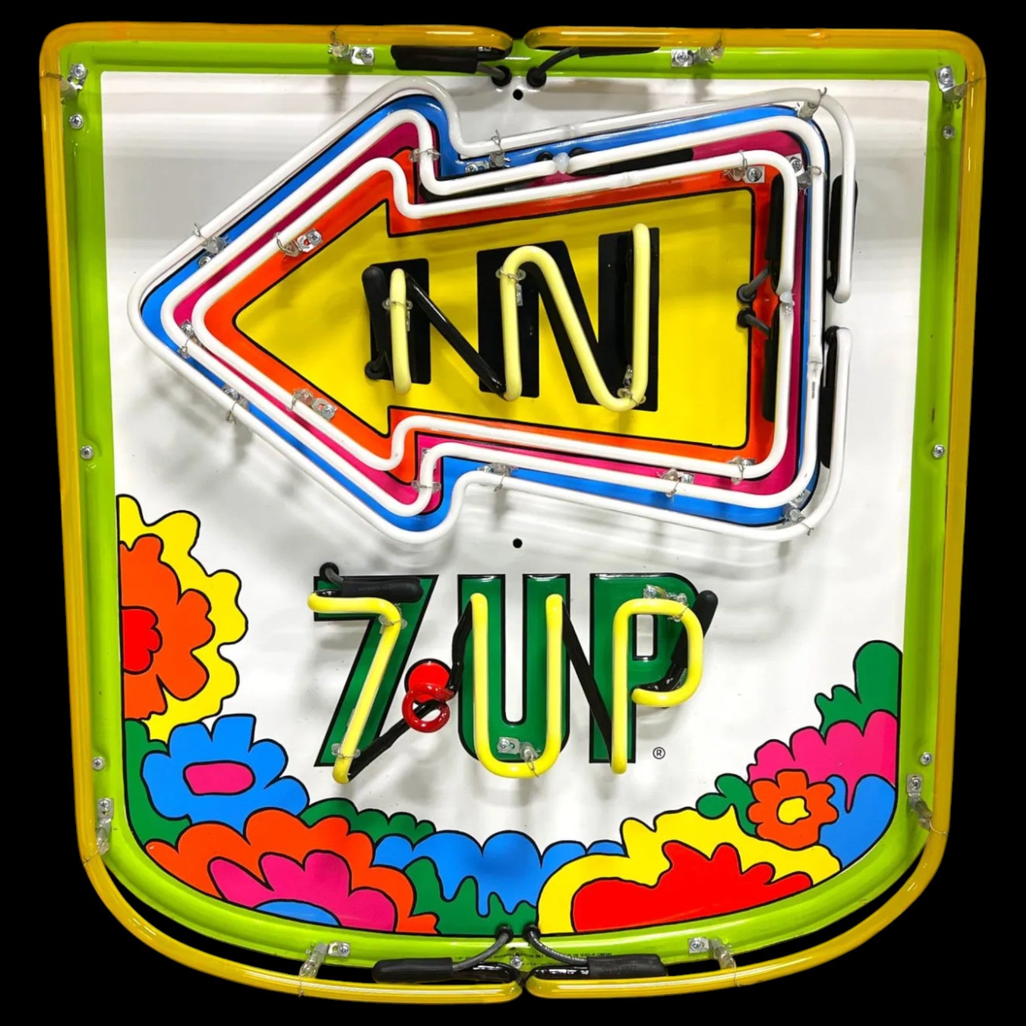 2pc Set 7UP Uncola “In & Out” Neon Porcelain Cans with Arrow Vintage Exit Signs