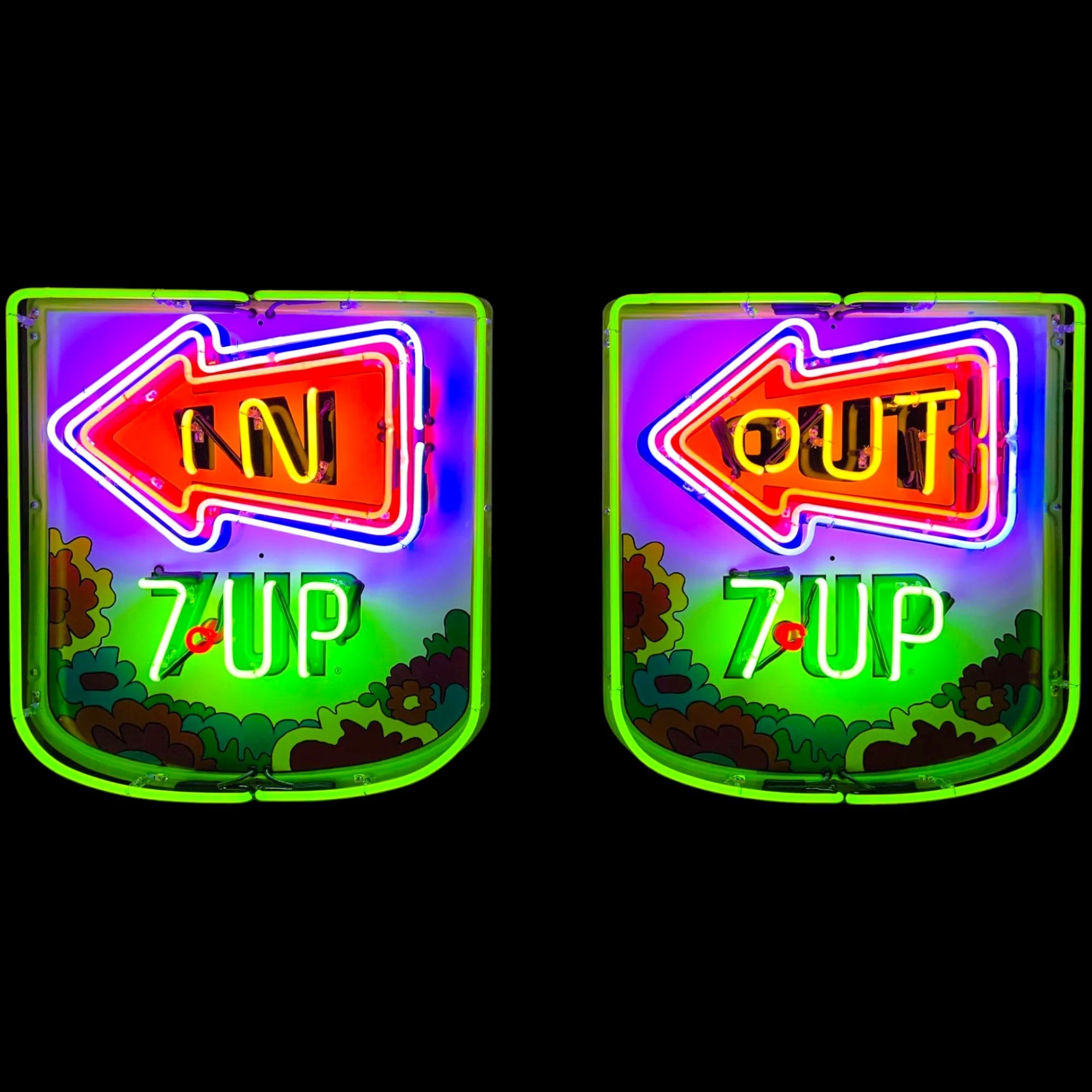 2pc Set 7UP Uncola “In & Out” Neon Porcelain Cans with Arrow Vintage Exit Signs