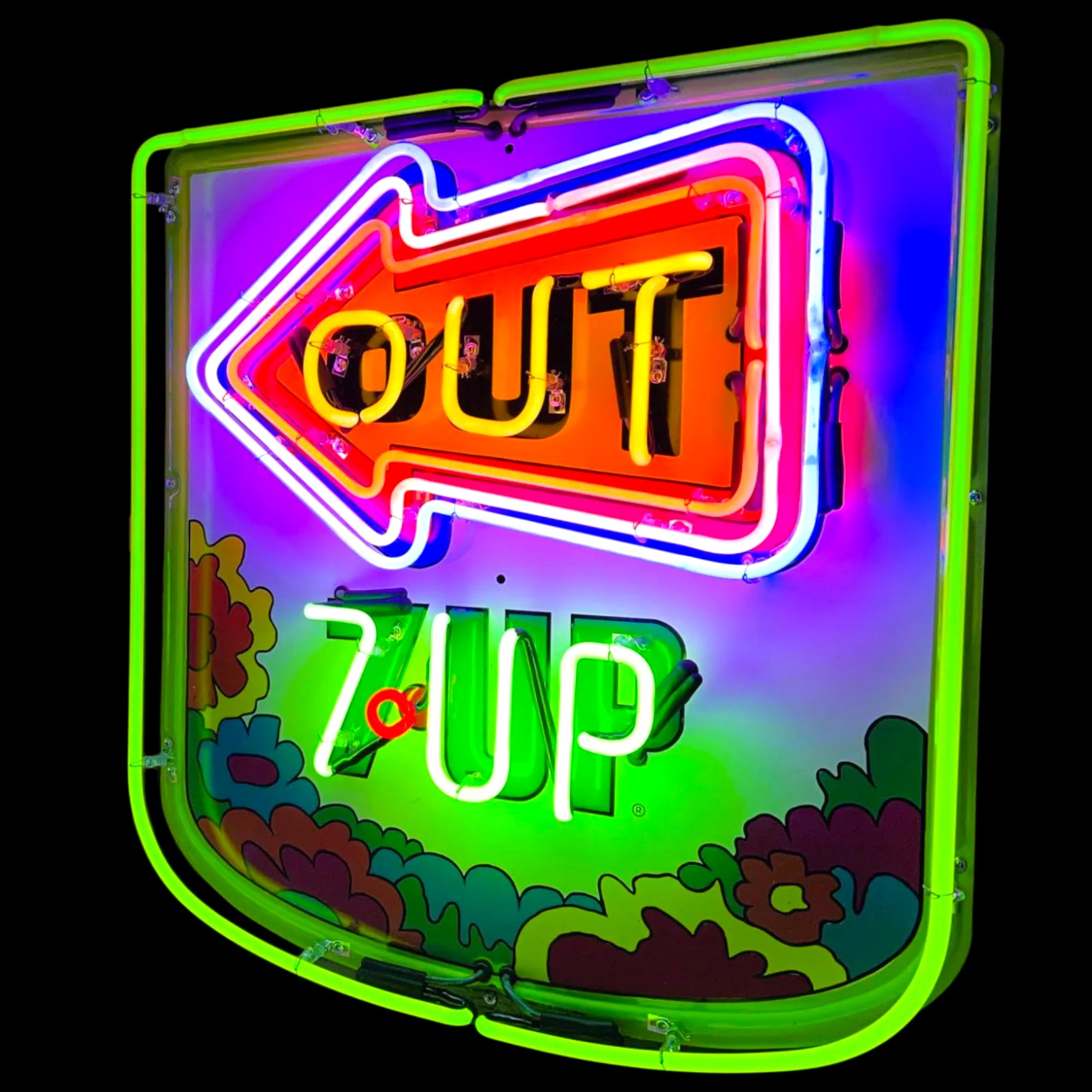 2pc Set 7UP Uncola “In & Out” Neon Porcelain Cans with Arrow Vintage Exit Signs