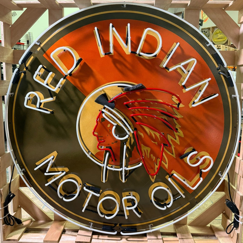 Red Indian Motor Oils Single-Sided Neon Porcelain Box Sign