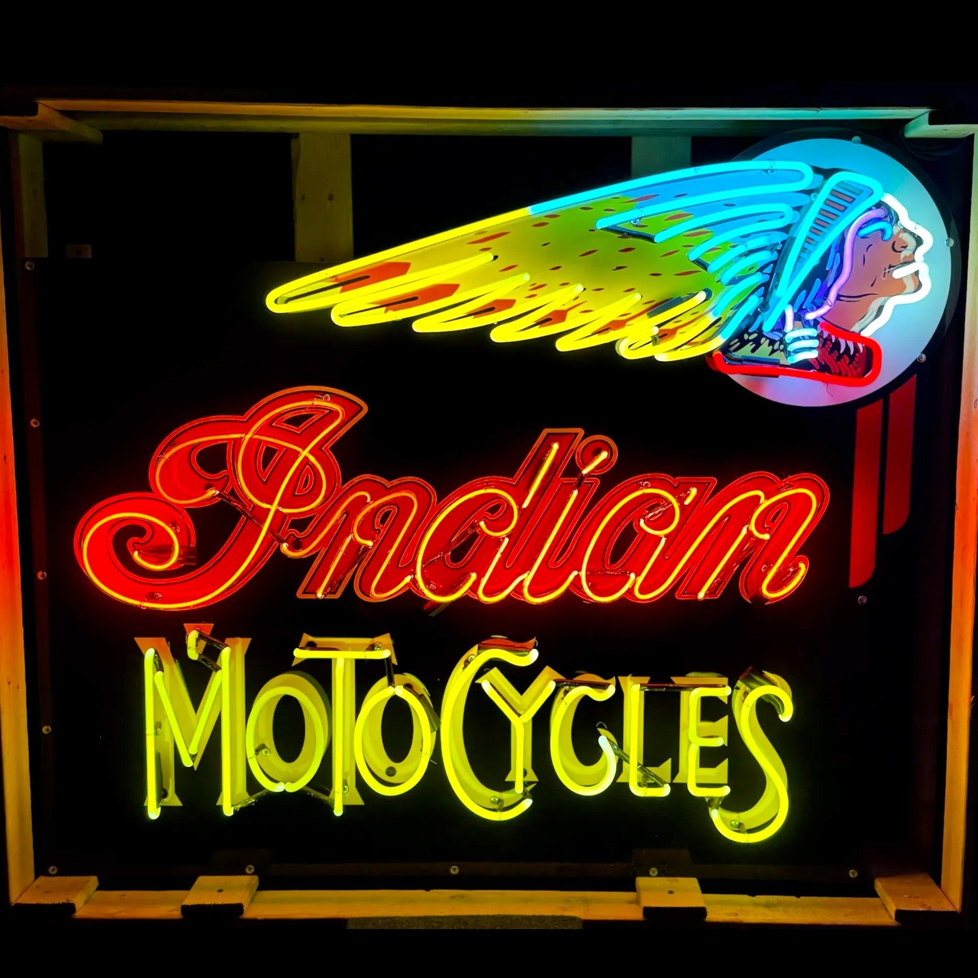 Indian Motocycles Iconic Headdress Neon Porcelain Die Cut Dealership Sign with Can