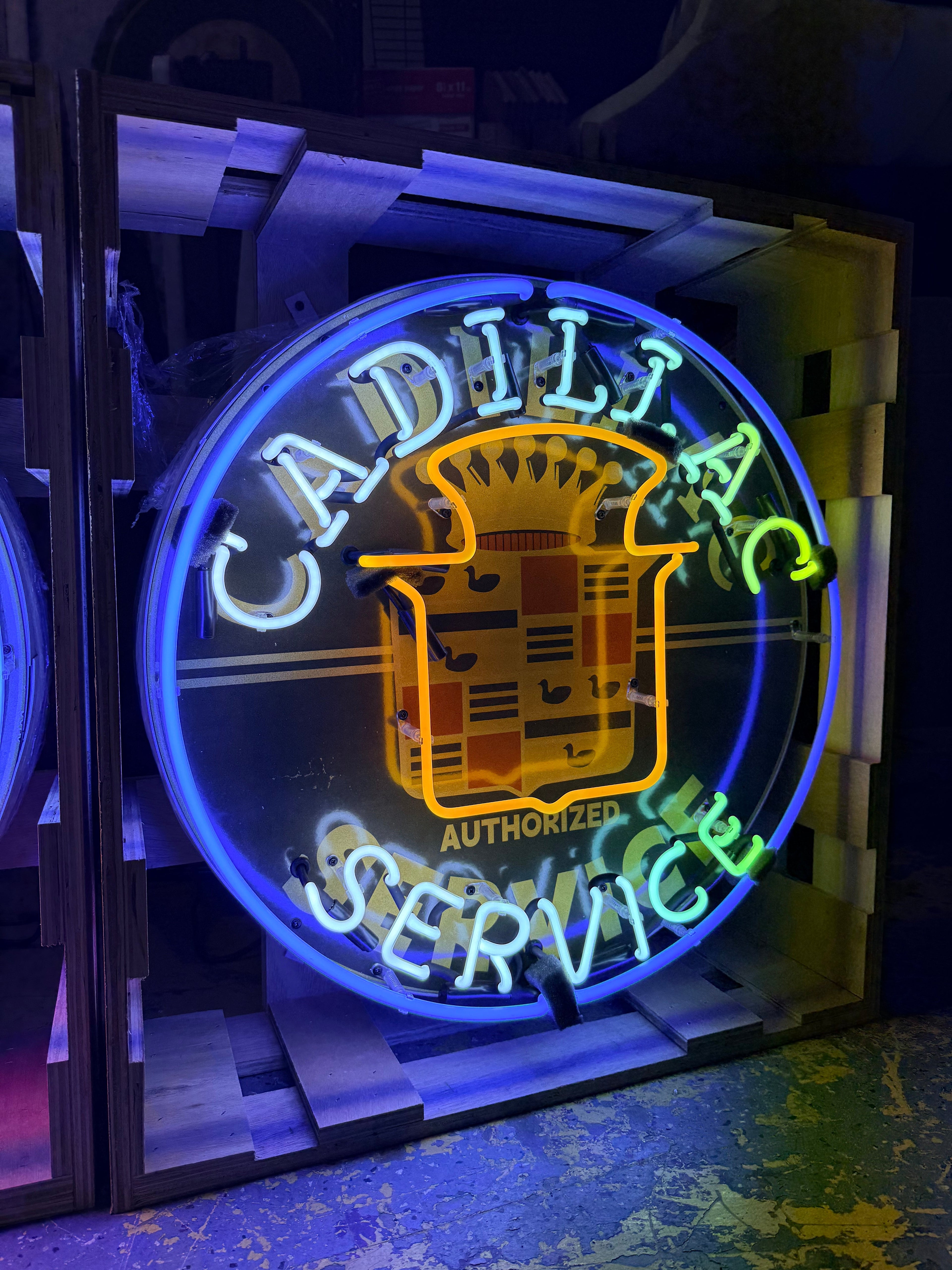 Cadillac Authorized Service Single-Sided Neon Porcelain Box Sign