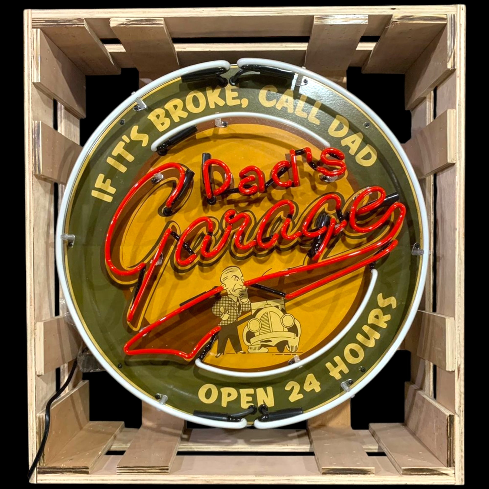 Dad's Garage Open 24 Hours Single-Sided Neon Porcelain Box Sign