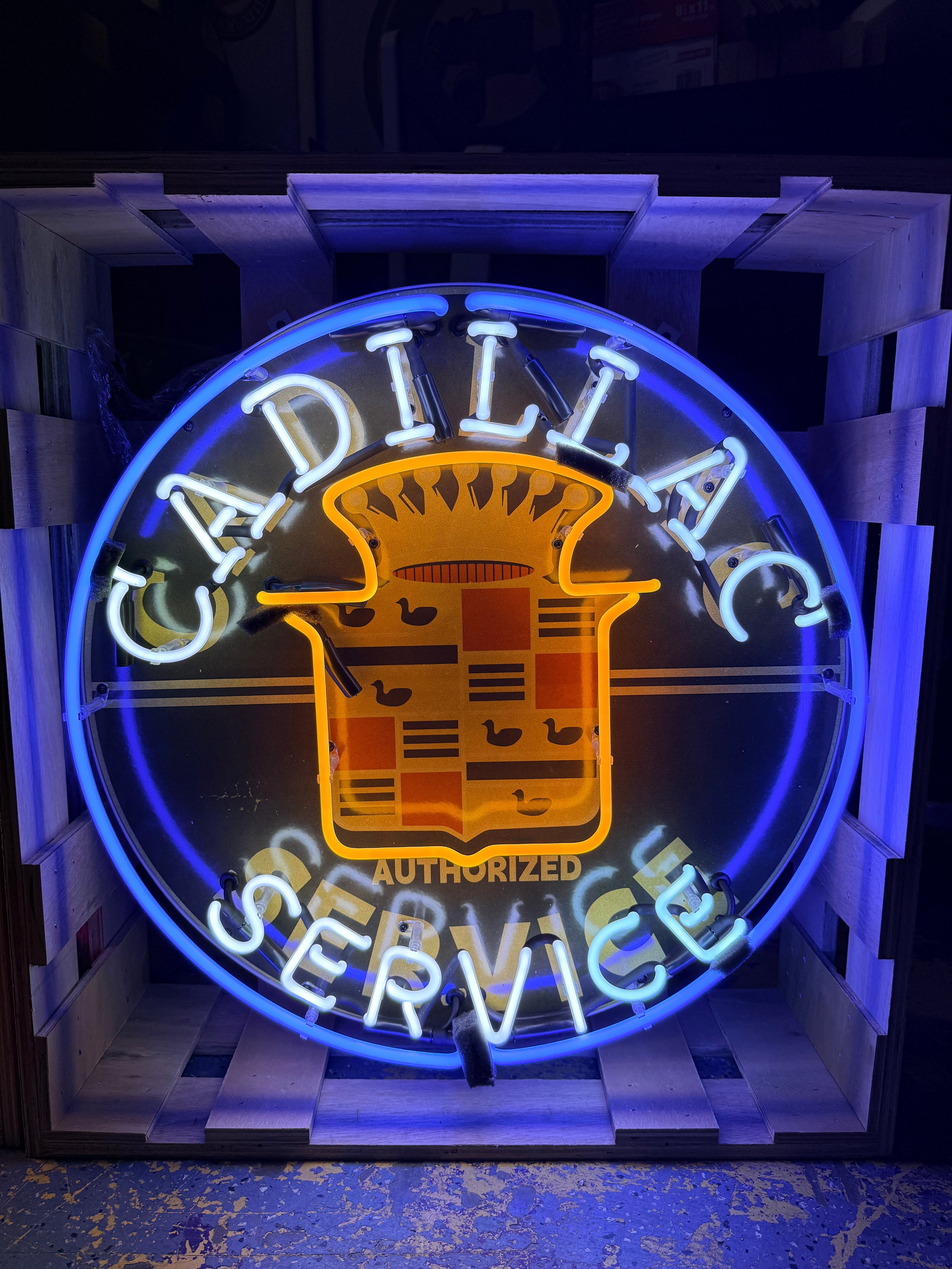 Cadillac Authorized Service Single-Sided Neon Porcelain Box Sign